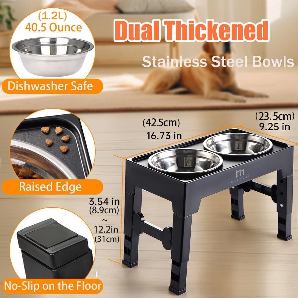 Marchul Elevated Dog Bowls, 4 Height Adjustable Raised Dog Bowls with 2 Stainless Steel, Non-Slip Dog Food and Water Bowl with Stand Adjusts to 3.5”,9.05”,10.6”,12.2” for Small Medium Large Dog Pets