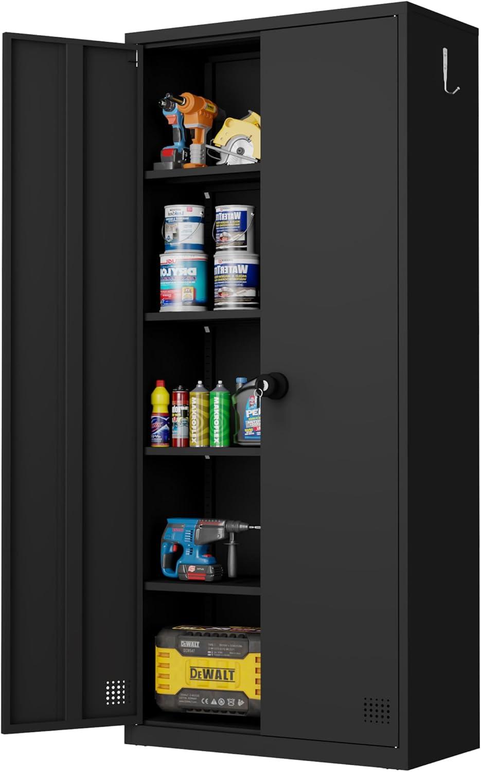 72'' Black Steel Lockable Storage Cabinet with Adjustable Shelves