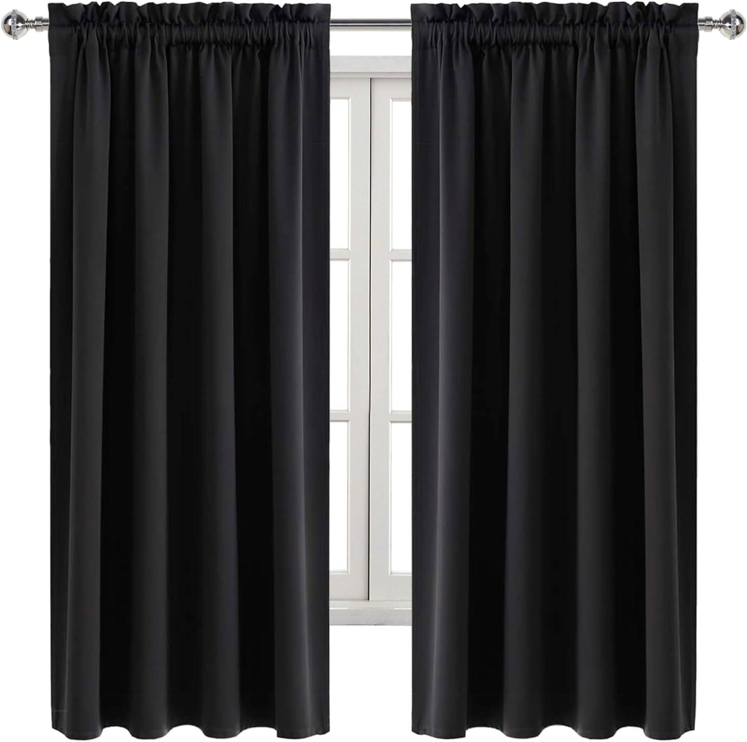 Coodeto Short Blackout Curtains Black, Set of 2, W52 x L63 - Blackout Curtains for Kitchen and Kids Bedroom