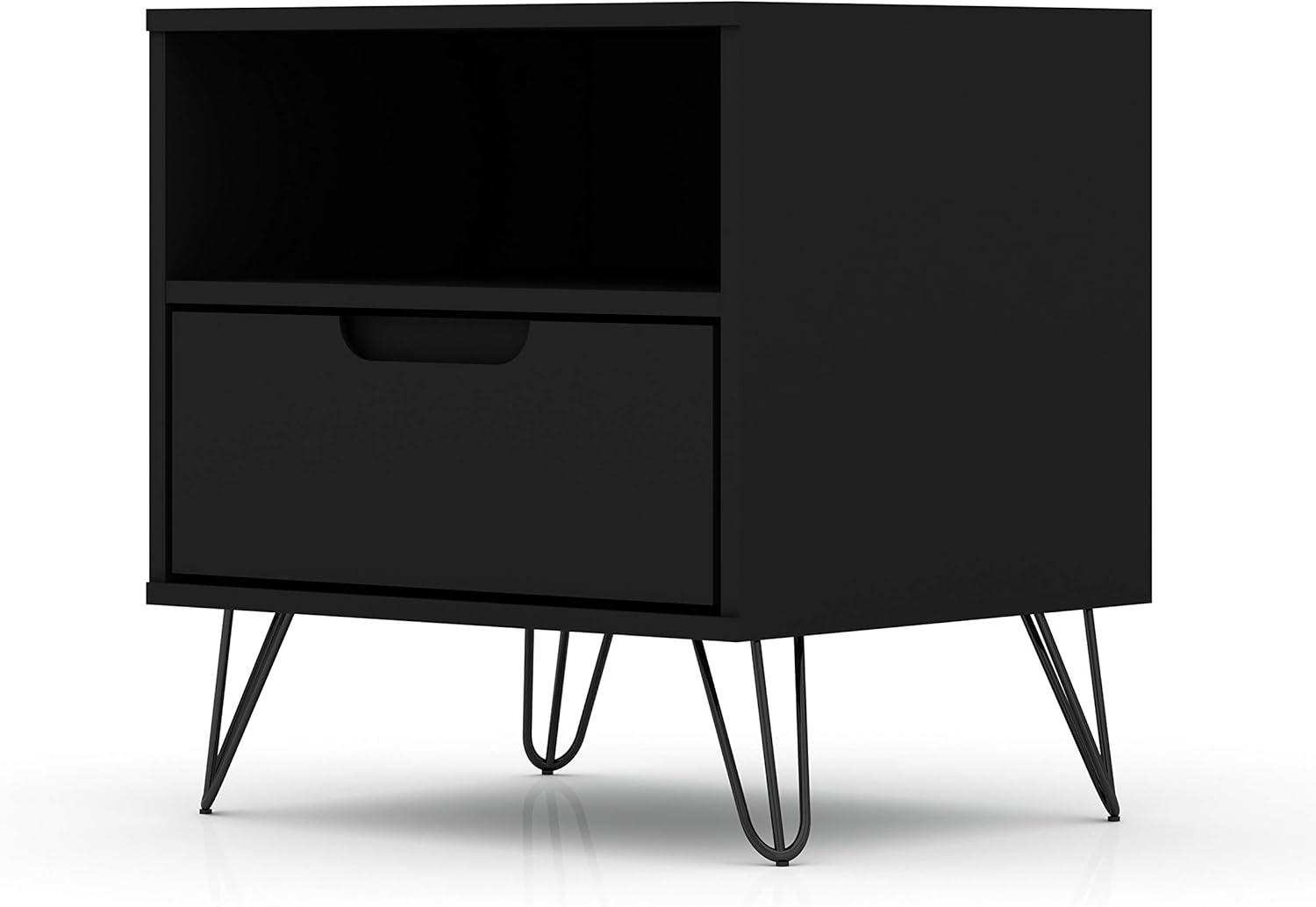 1.0 Rockefeller Nightstand Black - Manhattan Comfort: Modern End Table with Storage Shelf & Metal Legs