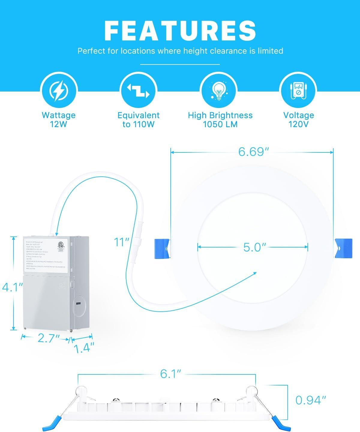 6-Inch White Ultra-Thin LED Recessed Ceiling Light with Junction Box, 5000K Daylight, 12-Pack