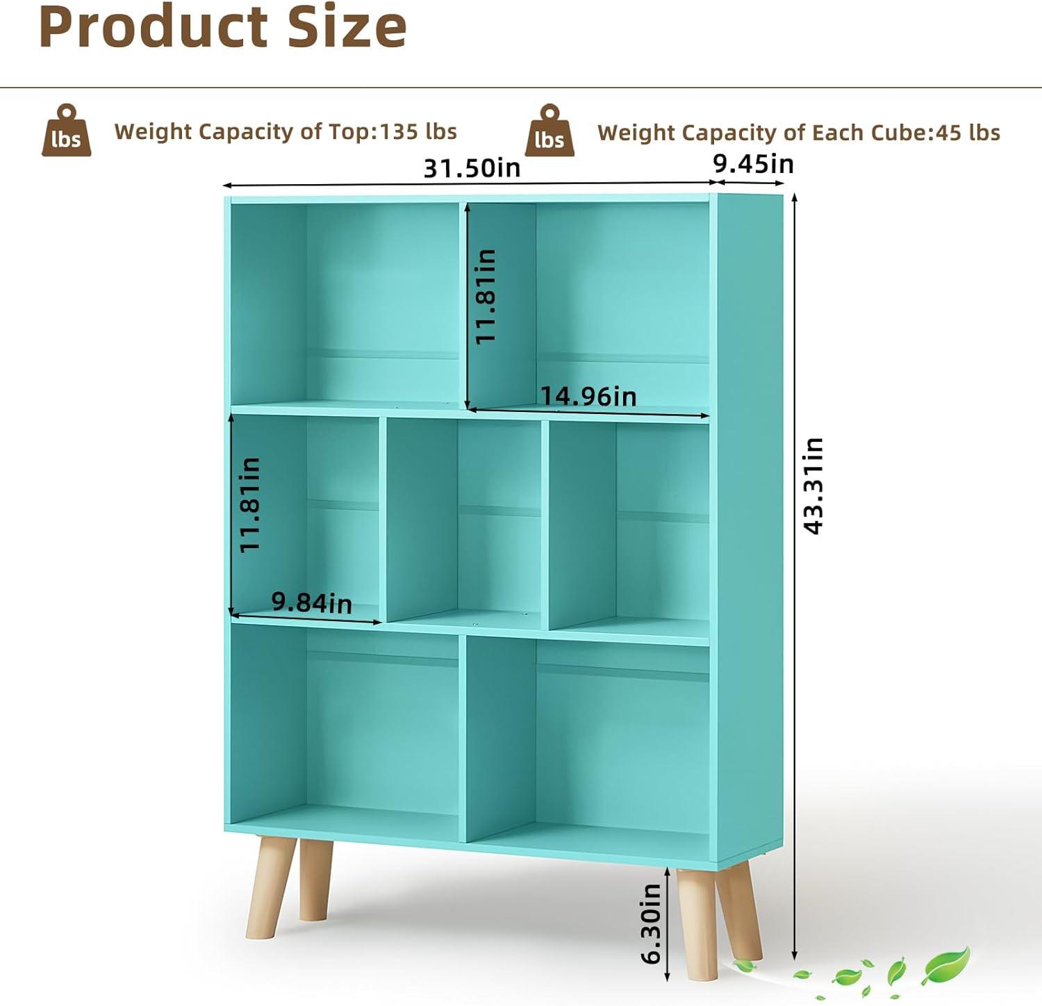 Satiny 7 Cube Bookshelf 3-Tier Bookcase with Legs, Mint-Green Kids Book Shelf Cute Storage Organizer, Toy Shelves Bookshelves,Wood Display Bookcases