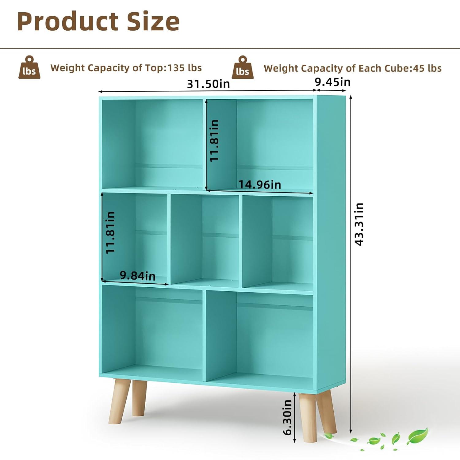 Satiny 7 Cube Bookshelf 3-Tier Bookcase with Legs, Mint-Green Kids Book Shelf Cute Storage Organizer, Toy Shelves Bookshelves,Wood Display Bookcases