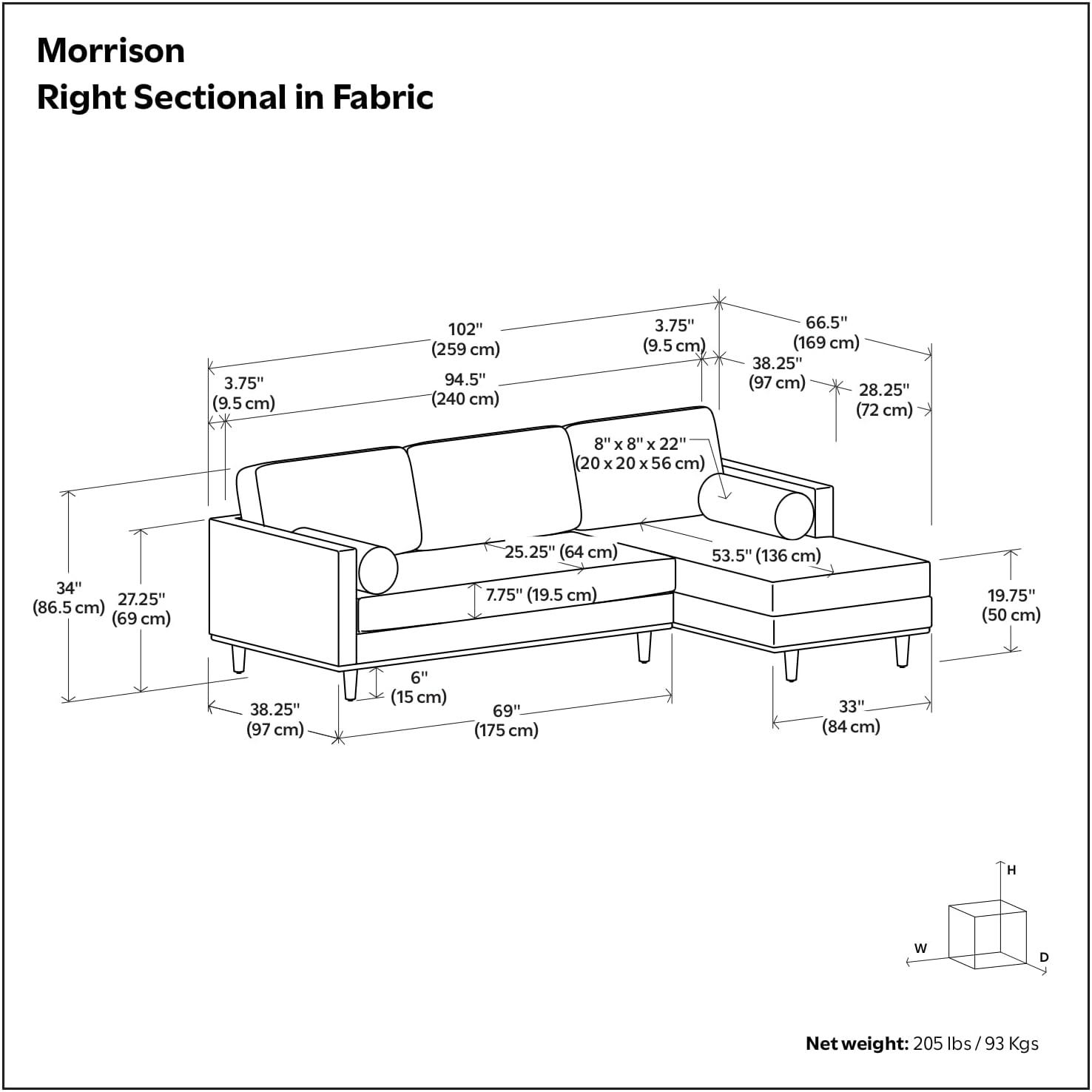 Simpli Home Morrison Large Left Sectional Sofa,Mid-Century Modern Couch with Chaise Lounge and Eco-Friendly Woven-Blend Fabric