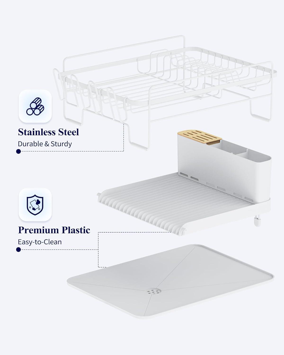 Large Dish Drying Rack - Extendable Dish Rack, Multifunctional Dish Rack for Kitchen Counter, Anti-Rust Drying Dish Rack with Cutlery & Cup Holders 19.2"-26.7" L x 12.9" W, Black