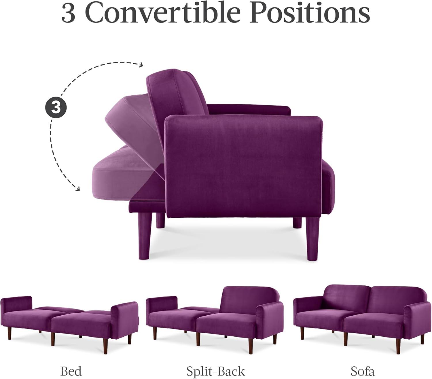 Best Choice Products Curved Convertible Futon, Velvet Fabric Split-Back Sleeper Bed - Plum