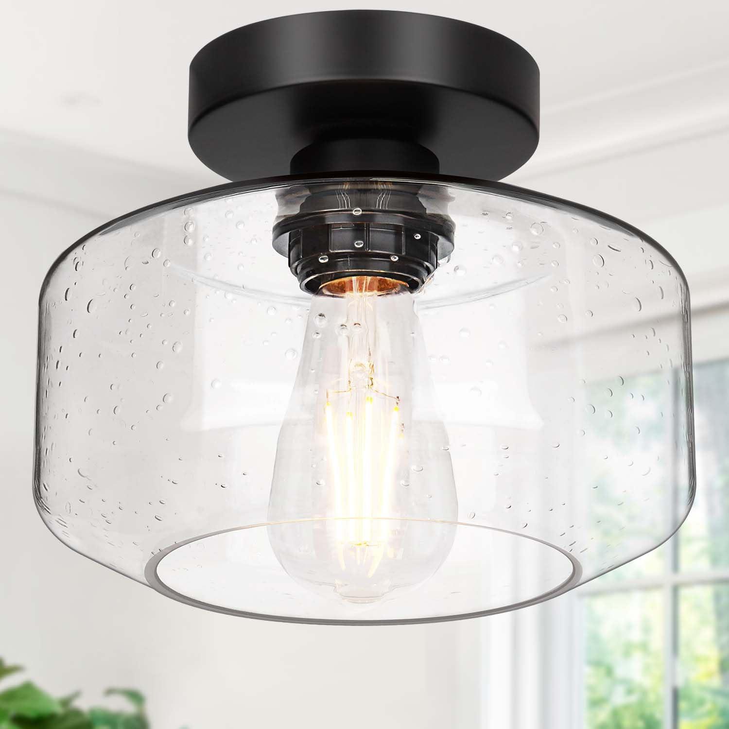 Industrial Black Semi Flush Mount Light with Seeded Glass Shade