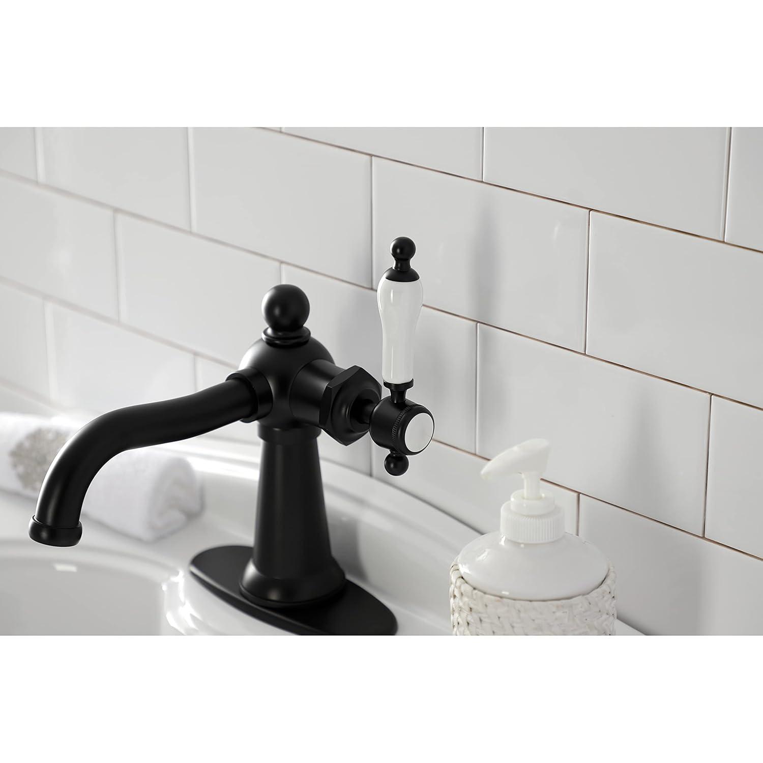 Kingston Brass KSD154KLMB Nautical One-Handle Single-Hole Bathroom Faucet with Deck Plate and Push Pop-Up Drain, Matte Black
