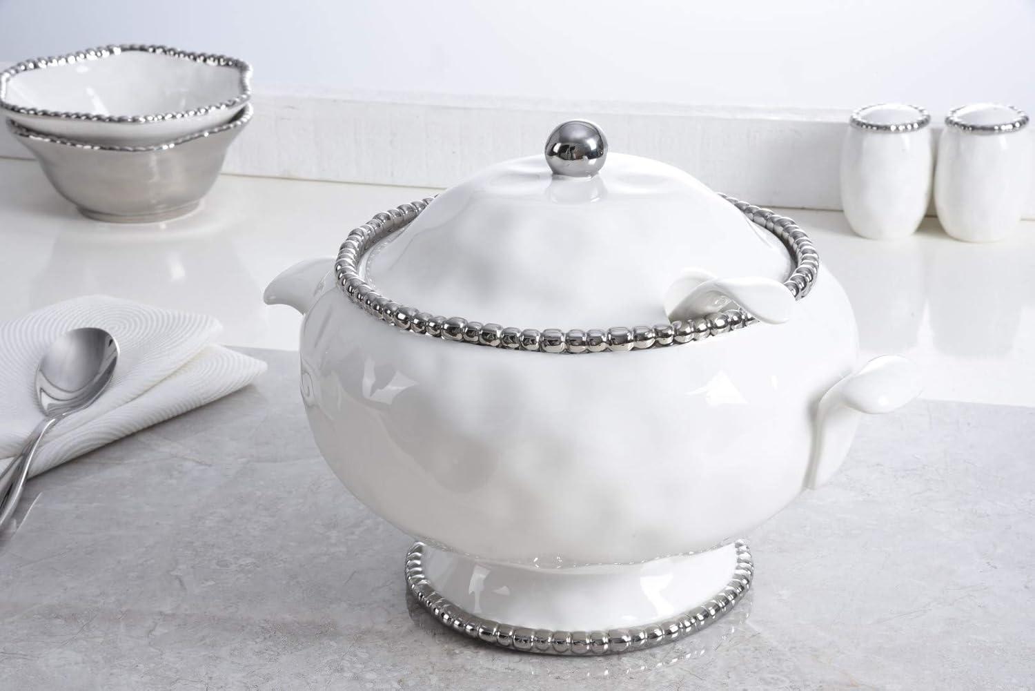 White and Silver Porcelain Soup Tureen with Ladle