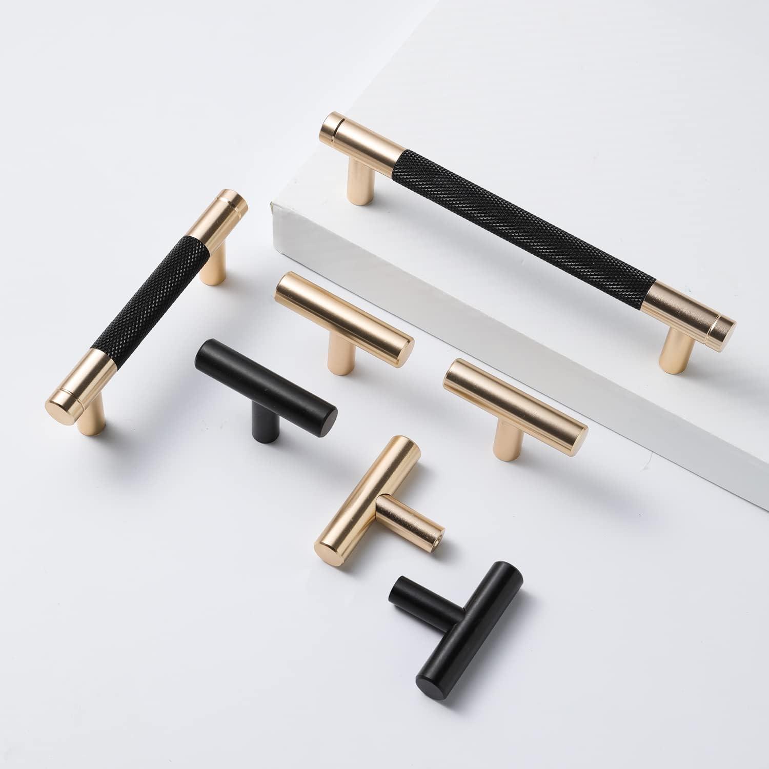 2 Pack 5 Inch 128 mm Knurled Cabinet Handles Cabinet Pulls Aluminum Handles Knurled Drawer Pulls Gold and Black Oxidation Finish with Diamond Pattern 6" Length (5" Hole Center)