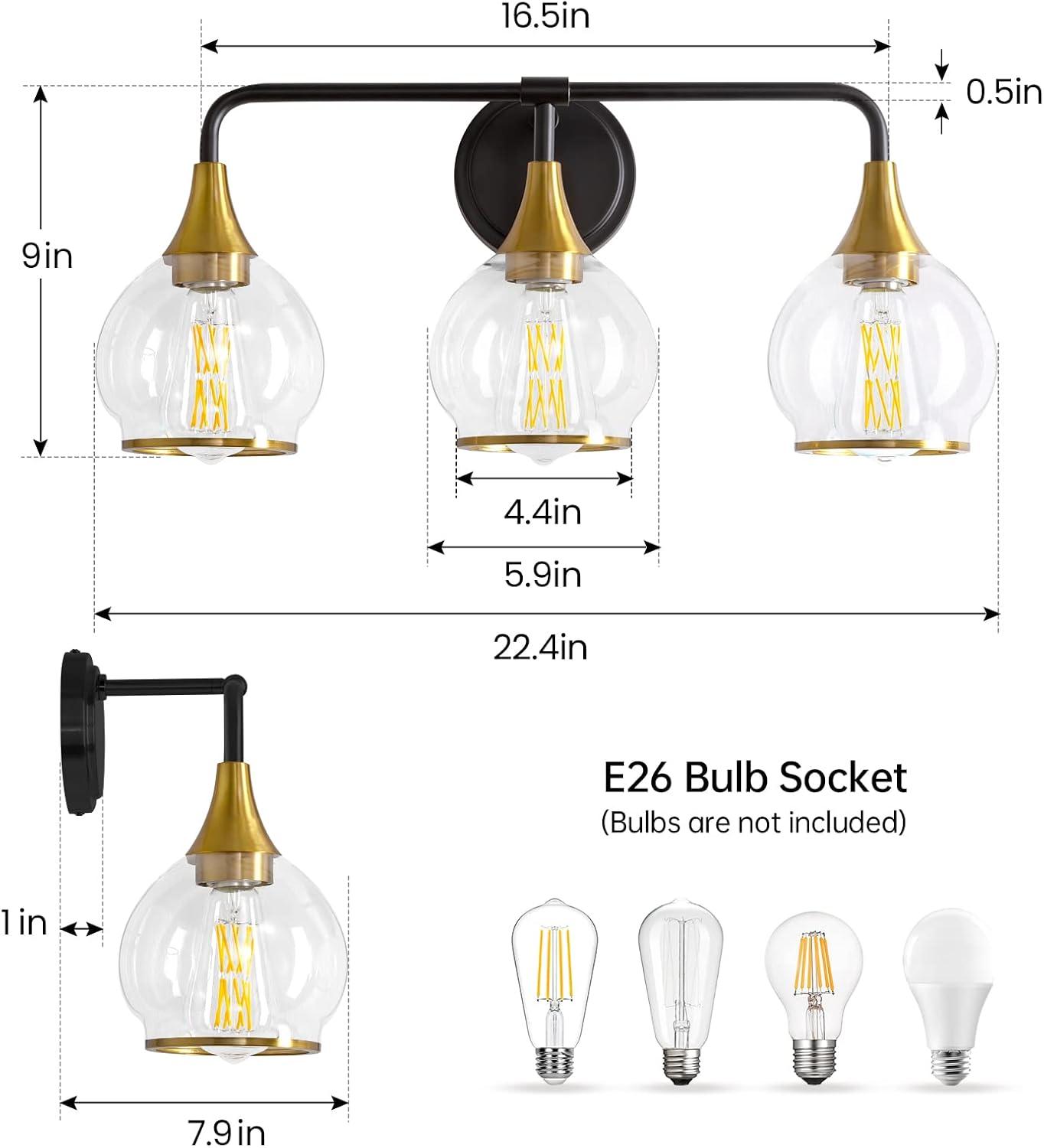 Black and Gold Bathroom Light Fixtures 2-Lights Vanity Lights with Clear Glass Shade Bathroom Vanity Light 14 Inch Wall Sconces(Exclude E26 Bulb)…
