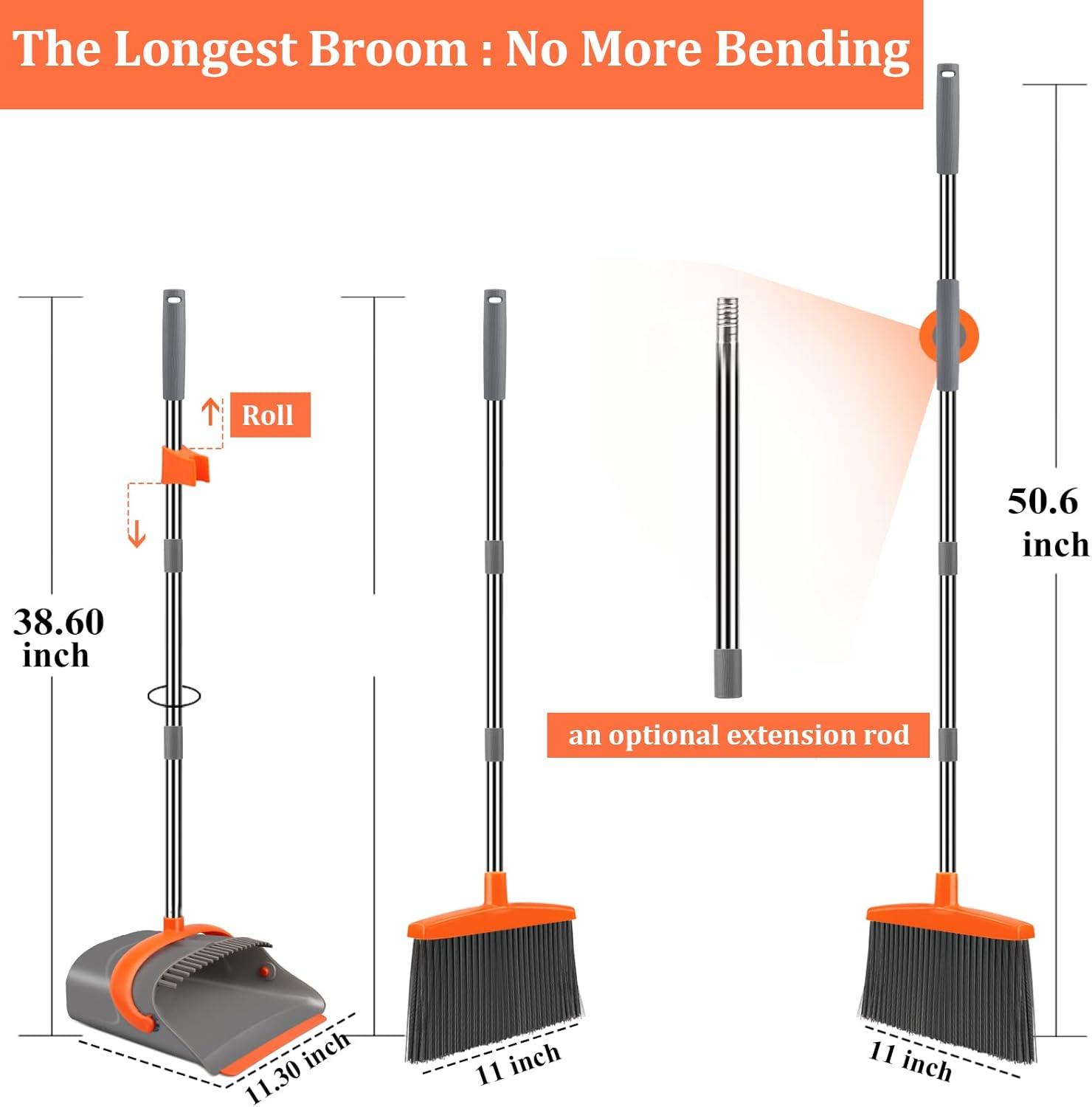 Adjustable Stainless Steel Broom and Dustpan Set with Orange Handle