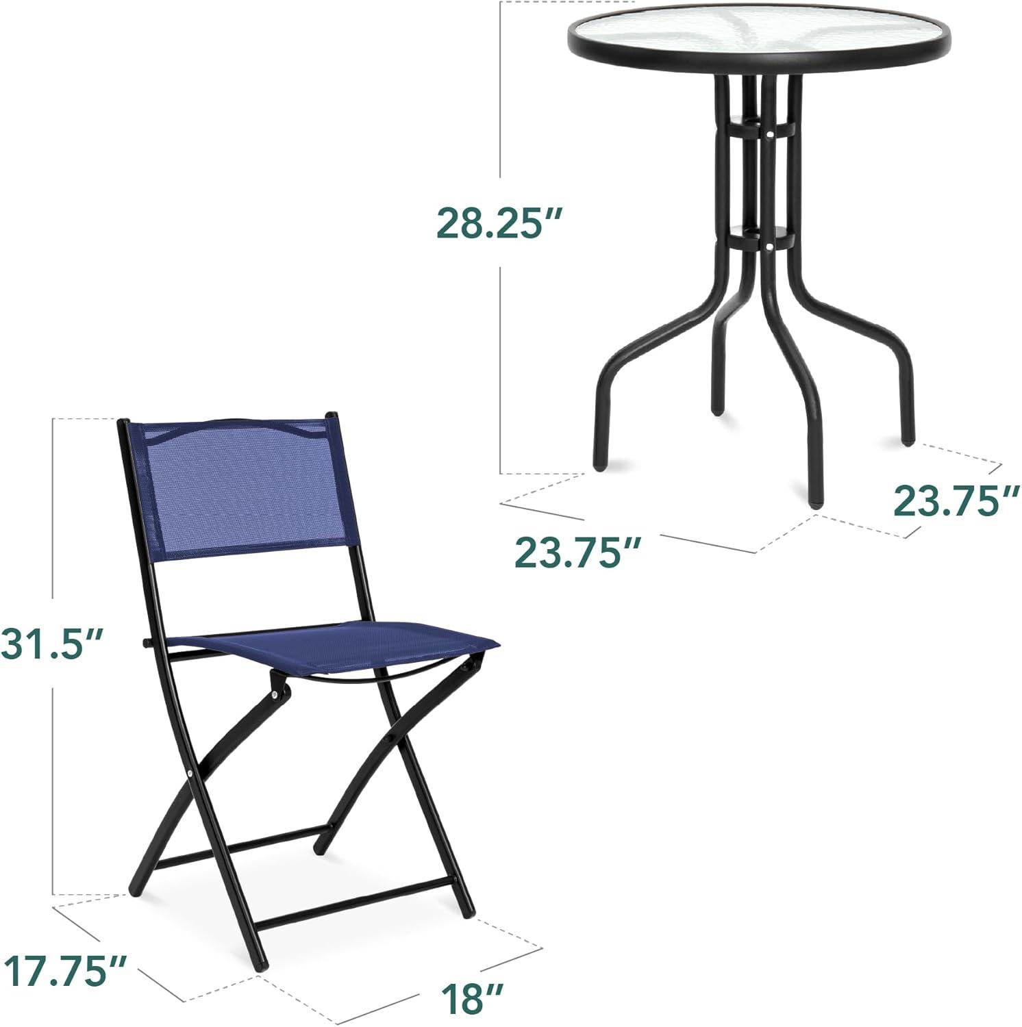 George Oliver 3-Piece Patio Bistro Dining Furniture Set W/ Glass Tabletop, Folding Chairs