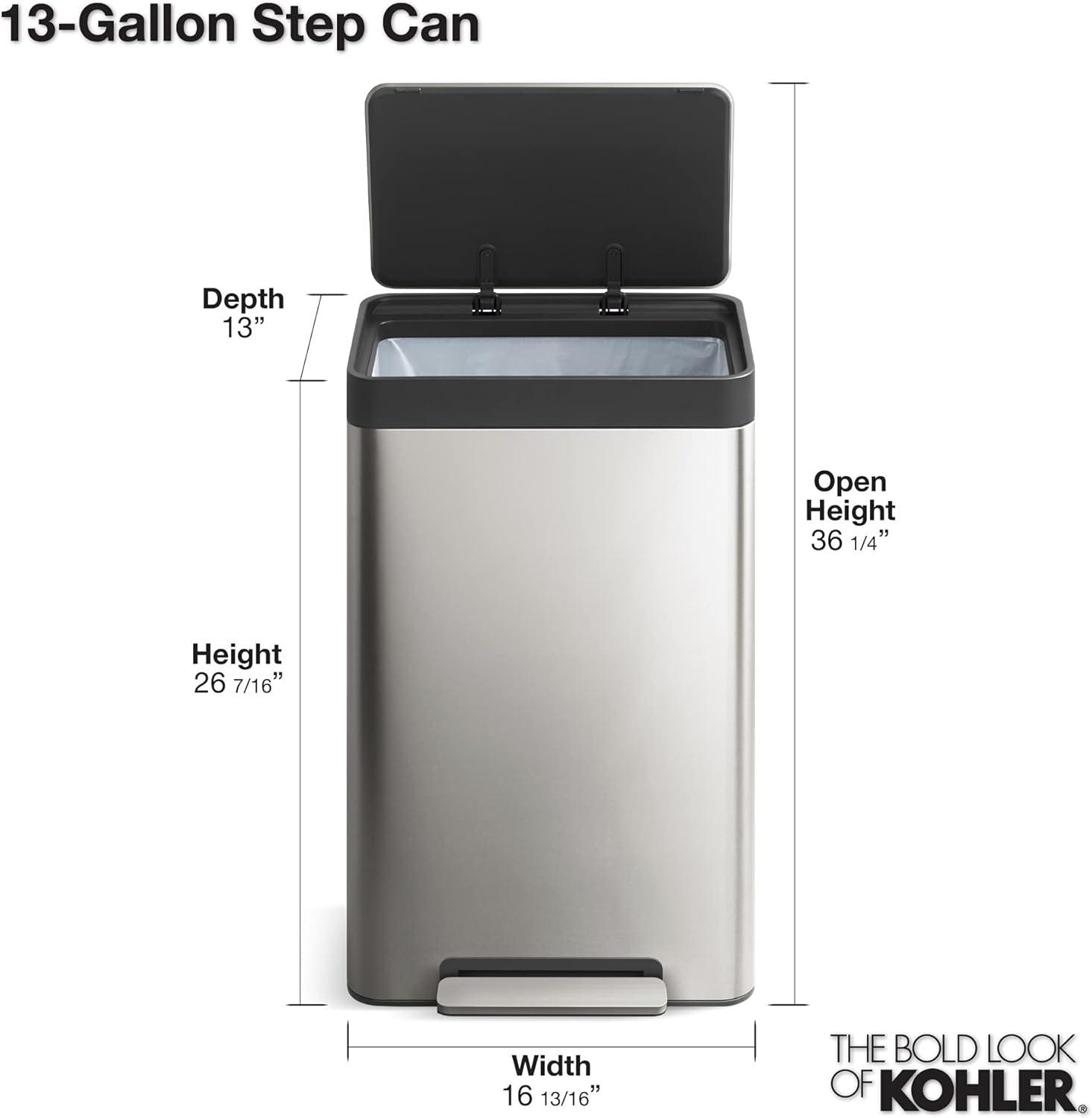 Reset 13 Gallon Kitchen Trash Can, Stainless Steel Hand Free Step Trash Can with Quiet-Close Lid