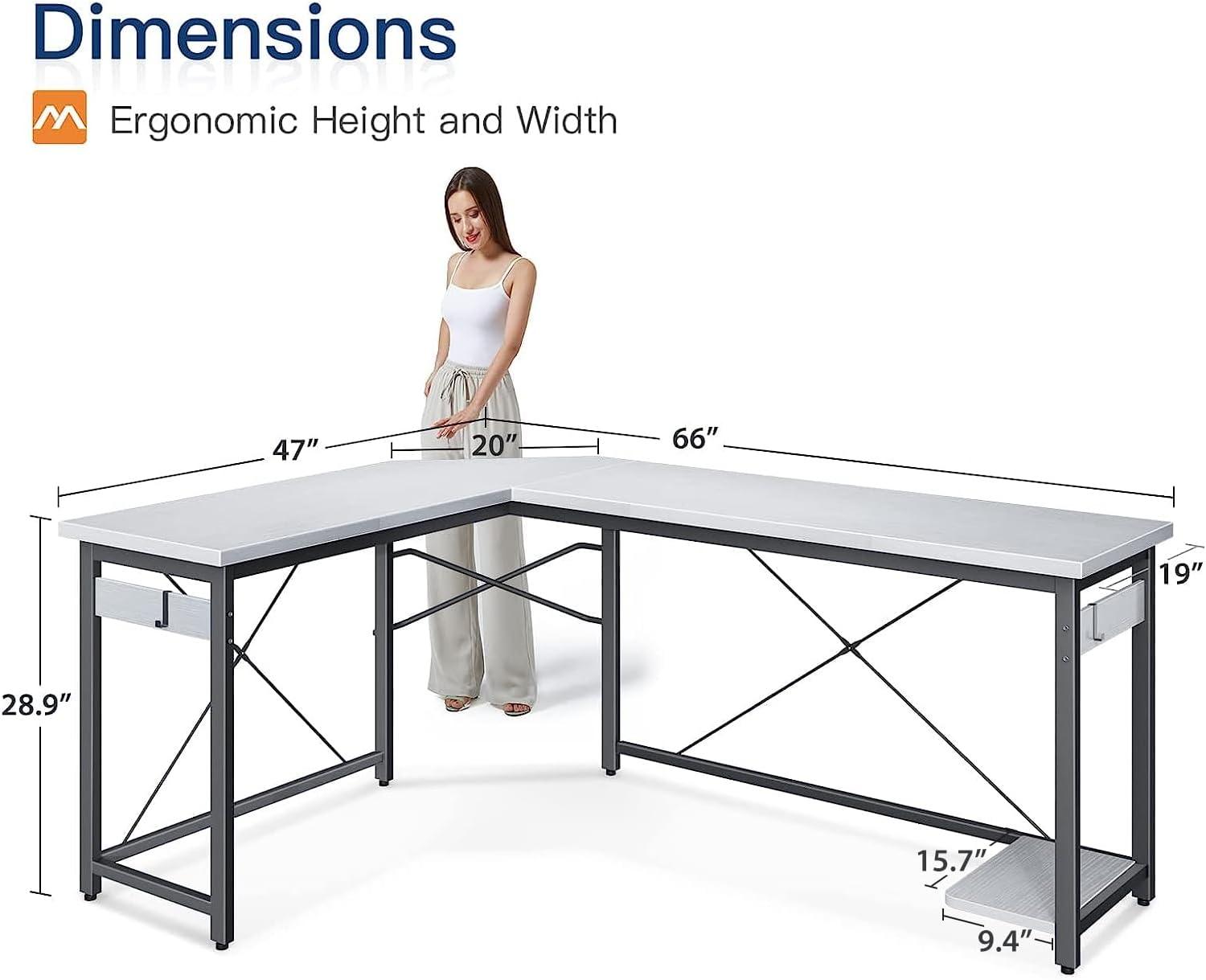 White L-Shaped Gaming Desk with Power Outlet and Drawer