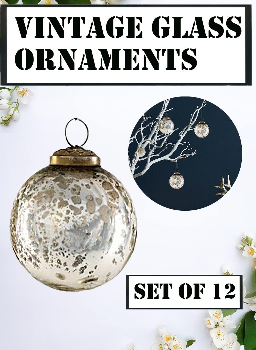 Serene Spaces Living Set of 12 Vintage Style White & Silver Glass Ball Ornaments for Christmas Tree, Holiday Decorations, Winter Wedding, Table Centerpiece, Window Box, Measures 2.5" Diameter