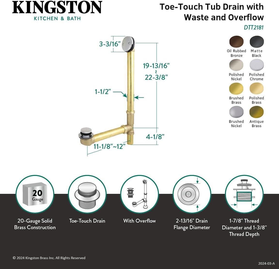 Kingston Brass Made To Match 23-Inch Brass Toe Touch Tub Waste and Overflow