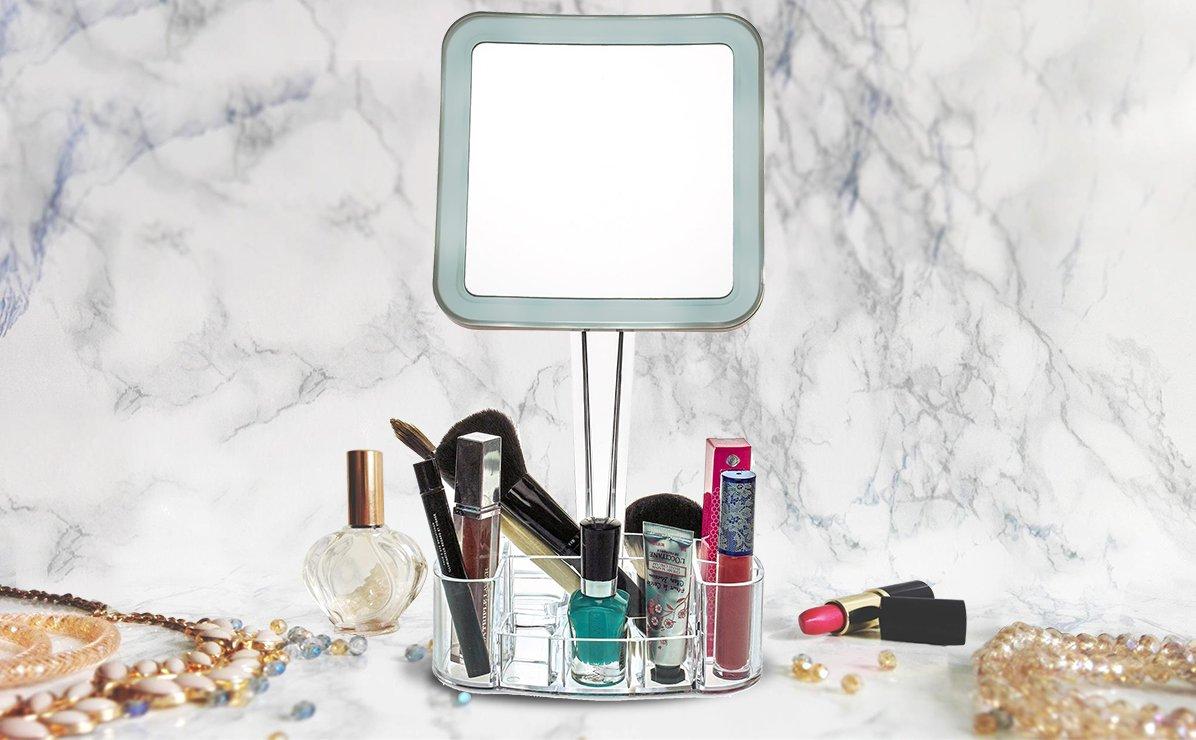 Daisi Magnifying Lighted Makeup Mirror, 7X Magnification, LED, Swivel Stand, Vanity Tray & Cosmetic Holder, Square