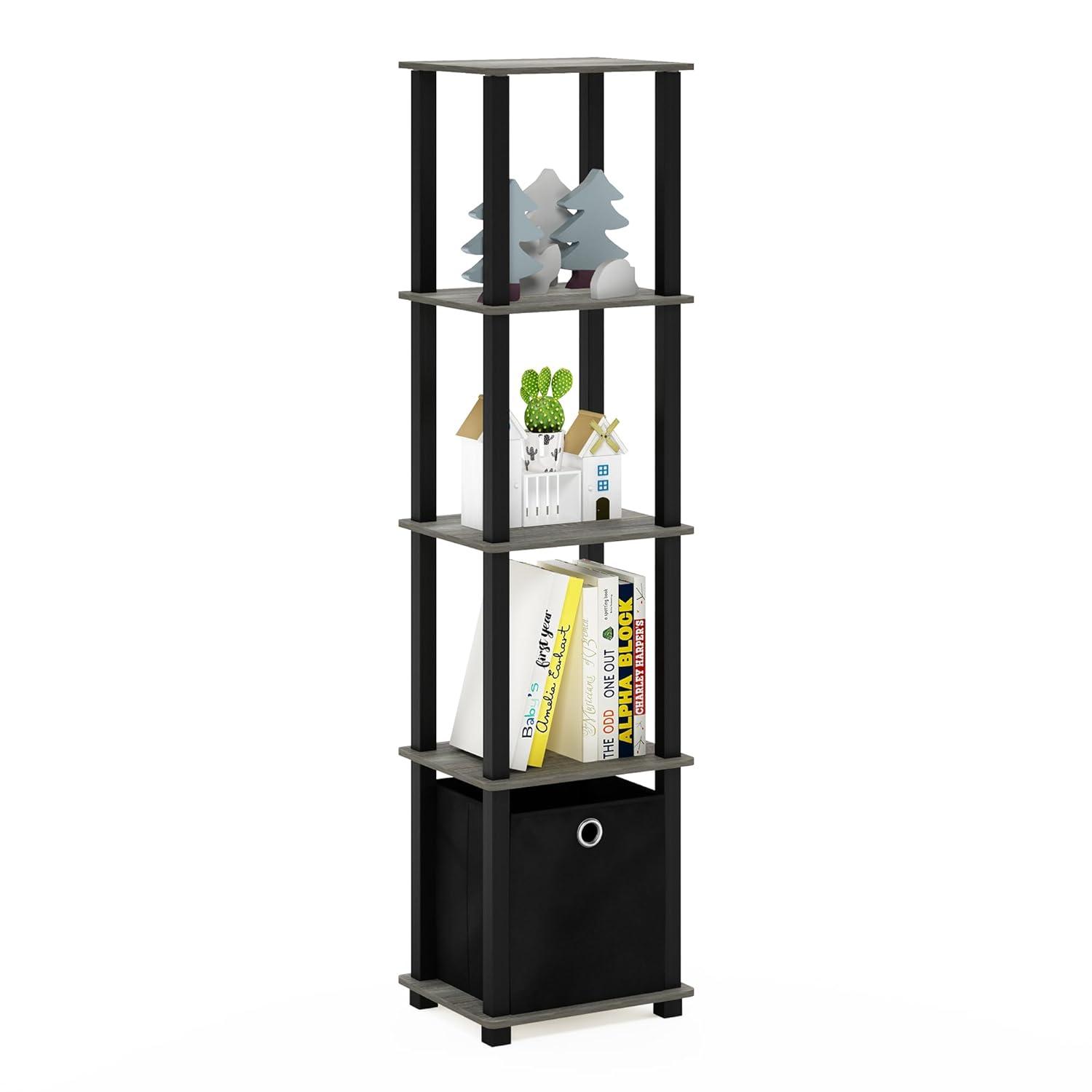 Furinno TNT No Tools 5-Tier Display Decorative Shelf with One Bin, French Oak Grey/Black/Black