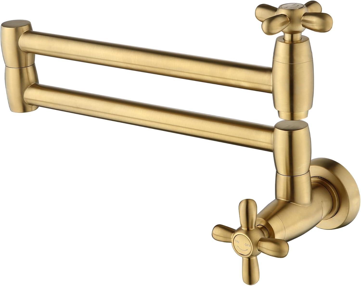 Brushed Gold Brass Double Handle Wall Mount Pot Filler Faucet