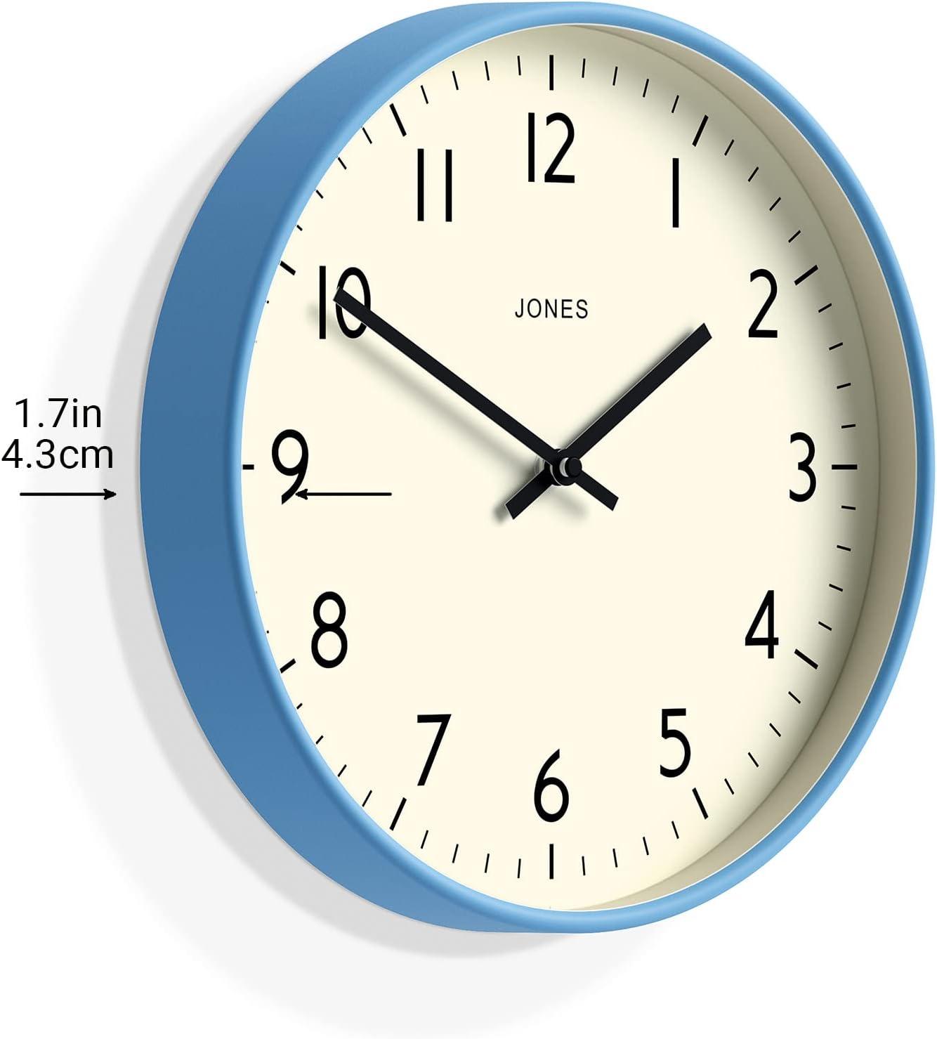 JONES CLOCKS® Studio Wall Clock | Modern Round Clock | 12 inch | Mid Blue | Easy to Read Numbers | Versatile Design for Kitchen, Living Room or Office