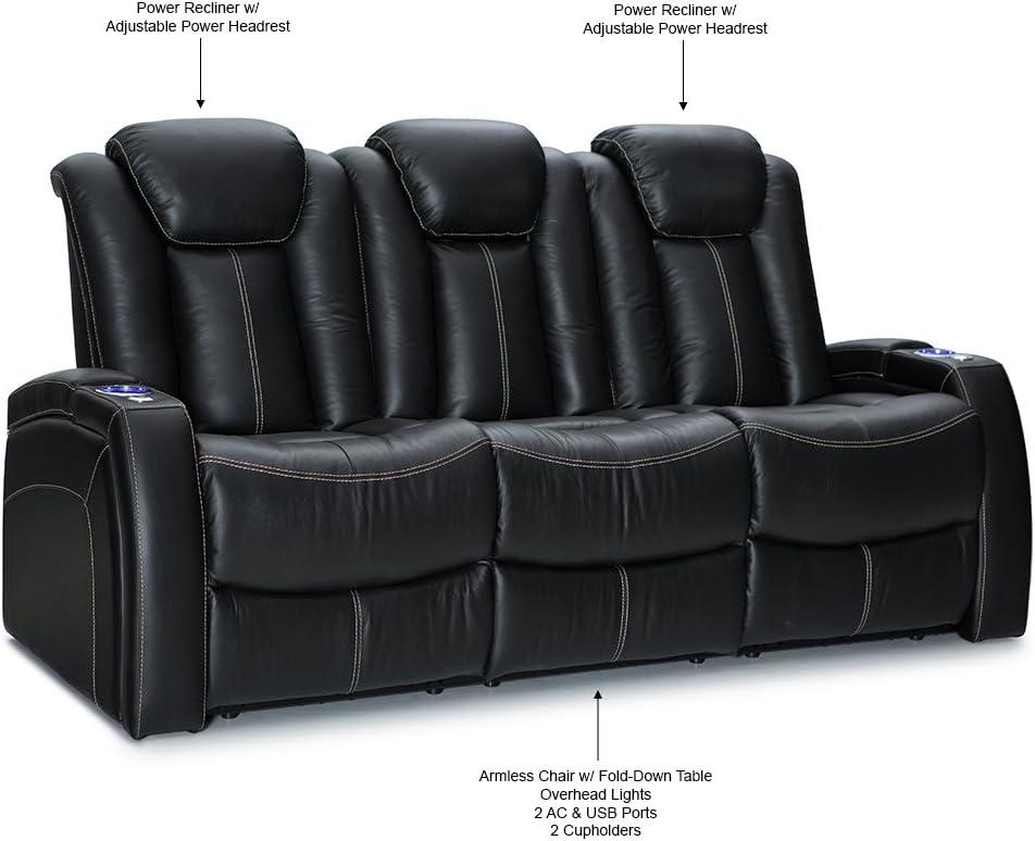 Seatcraft Republic Italian Leather Home Theater Furniture, Living Room, Power Headrest, Power Recline (Sofa with Fold-Down Table, Black)