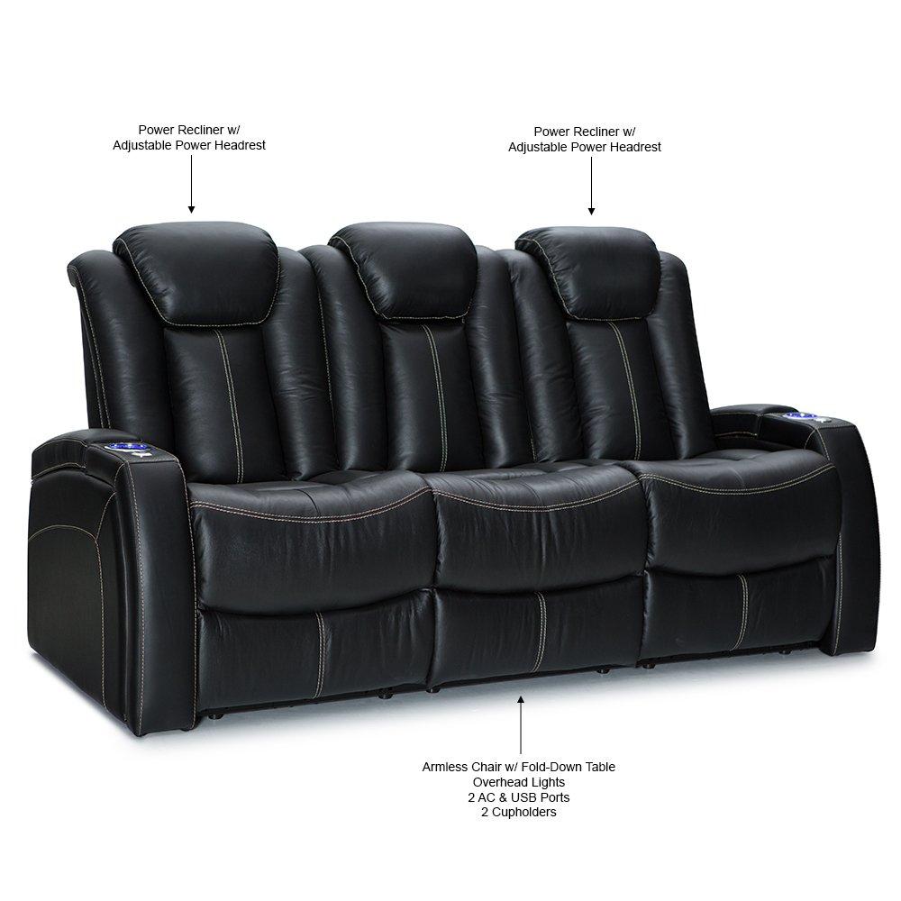 Seatcraft Republic Italian Leather Home Theater Furniture, Living Room, Power Headrest, Power Recline (Sofa with Fold-Down Table, Black)