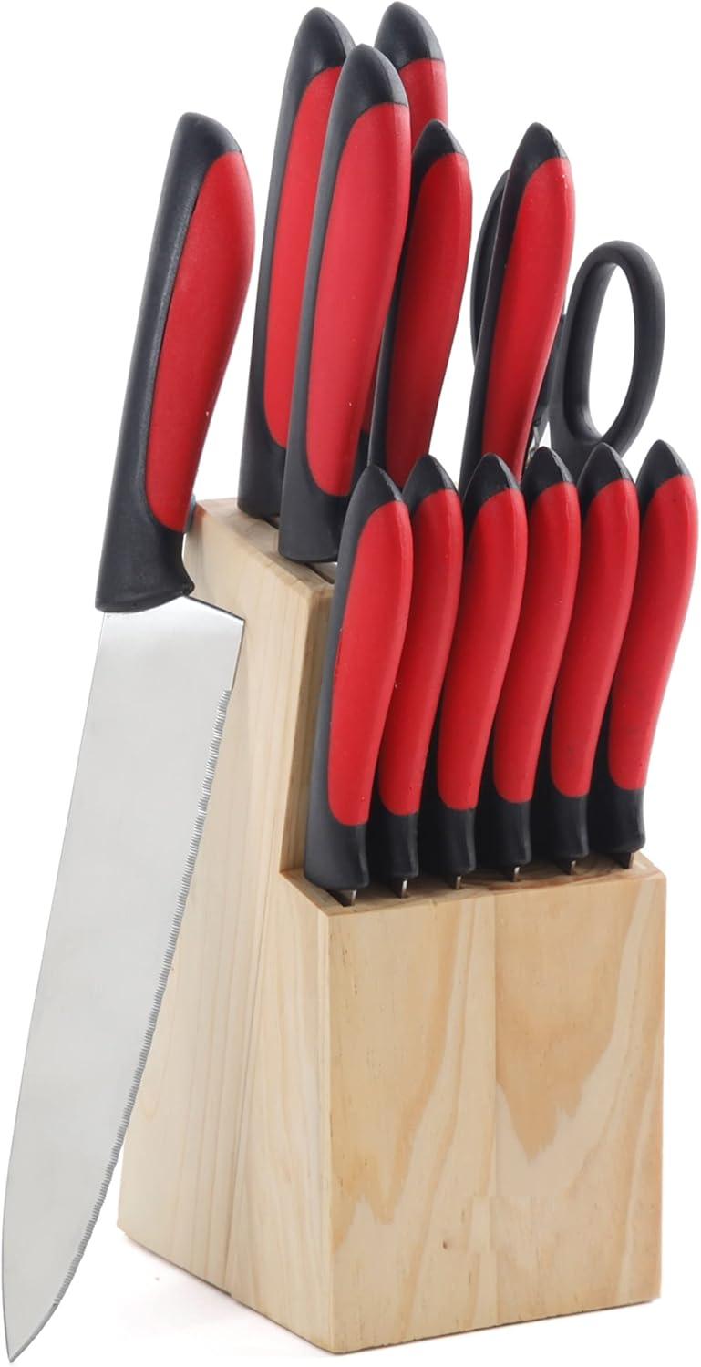 MegaChef 14-Piece Red and Black Stainless Steel Cutlery Set with Wood Block