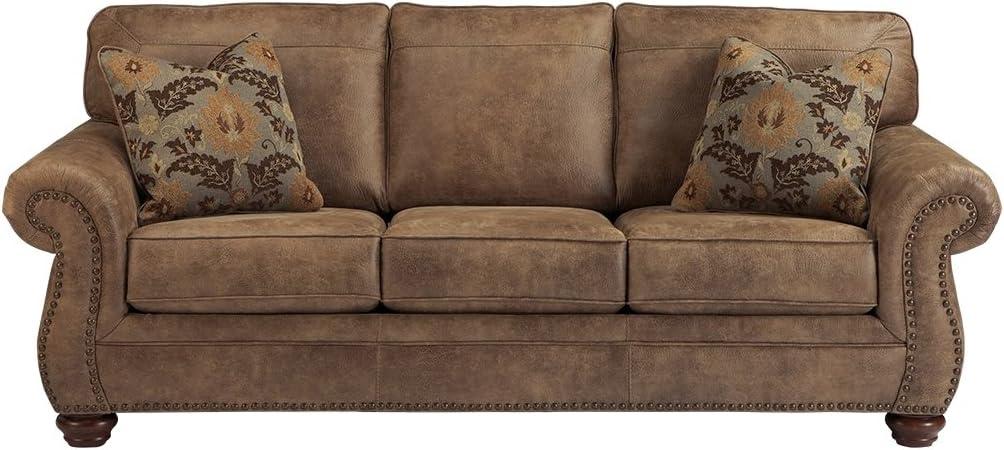 Traditional Brown Leather Sofa with Rolled Arms and Nailhead Trim