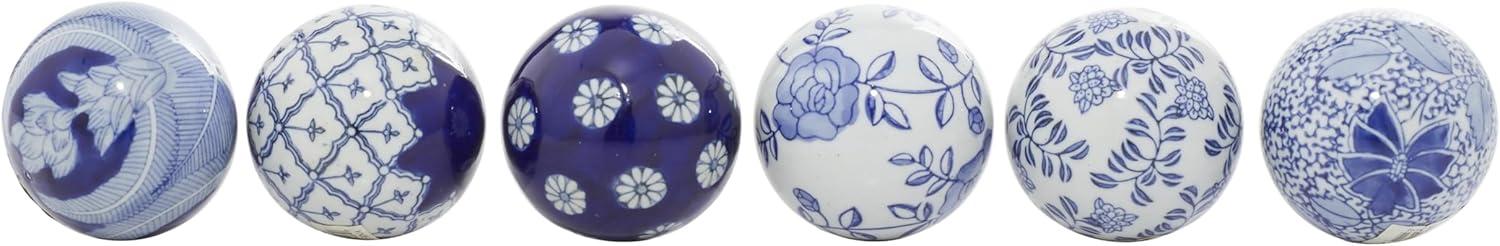 DecMode Blue 3" Floral Handmade Glossy Ceramic Orbs & Vase Filler with Varying Patterns (6 Count)