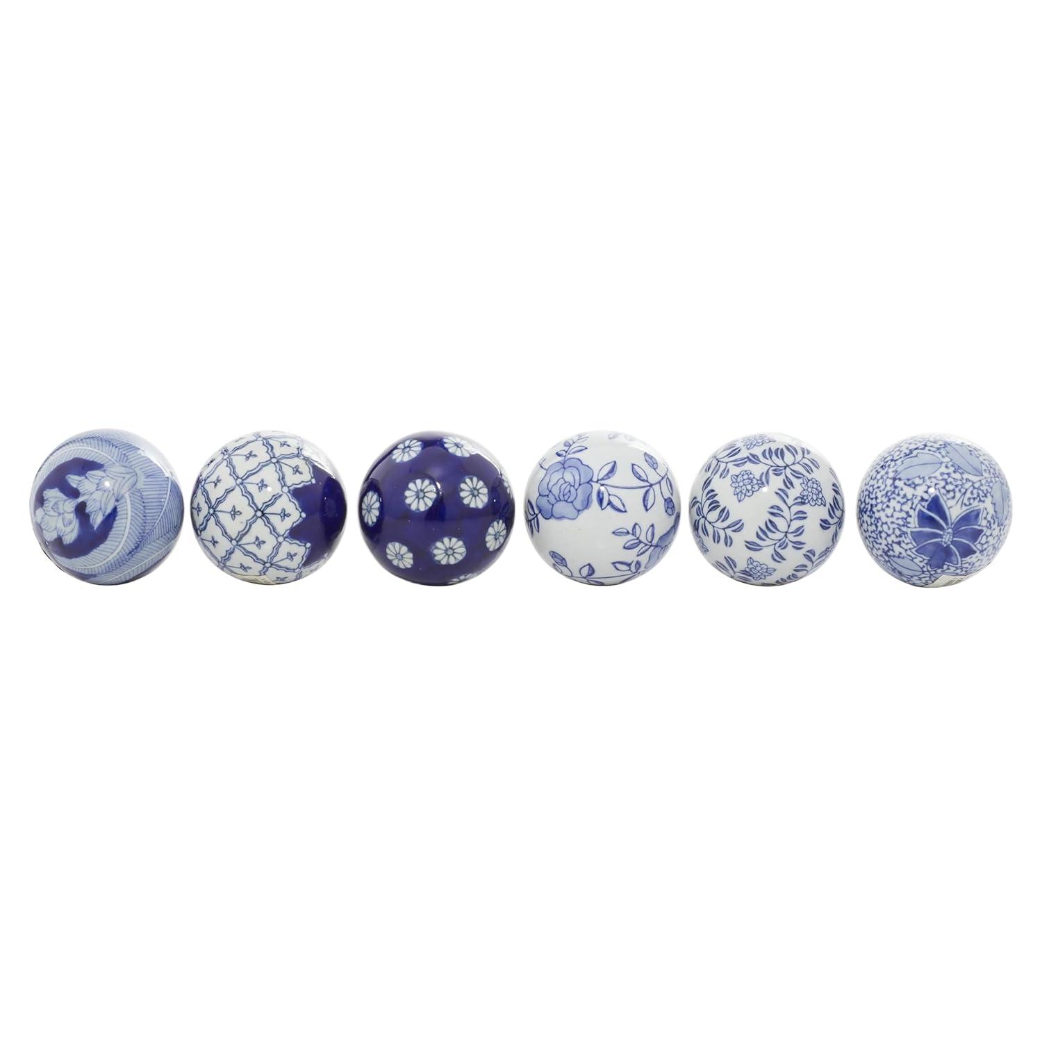 DecMode Blue 3" Floral Handmade Glossy Ceramic Orbs & Vase Filler with Varying Patterns (6 Count)