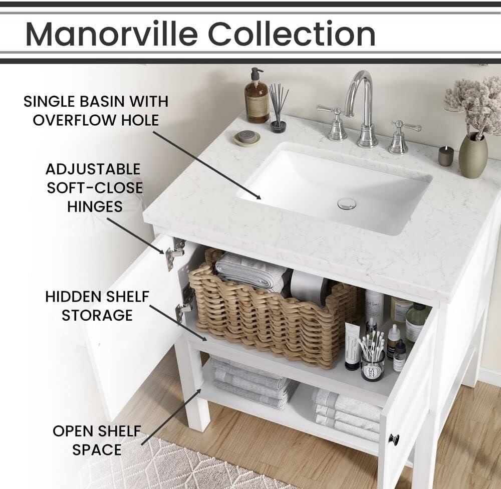Hanover Manorville 31'' Vanity Cabinet with Sink Combo for Bathroom, Powder Room | Pre-Assembled Cabinet | Artificial Stone Marble Countertop, White Cabinet | HANVN0101-31-1WH