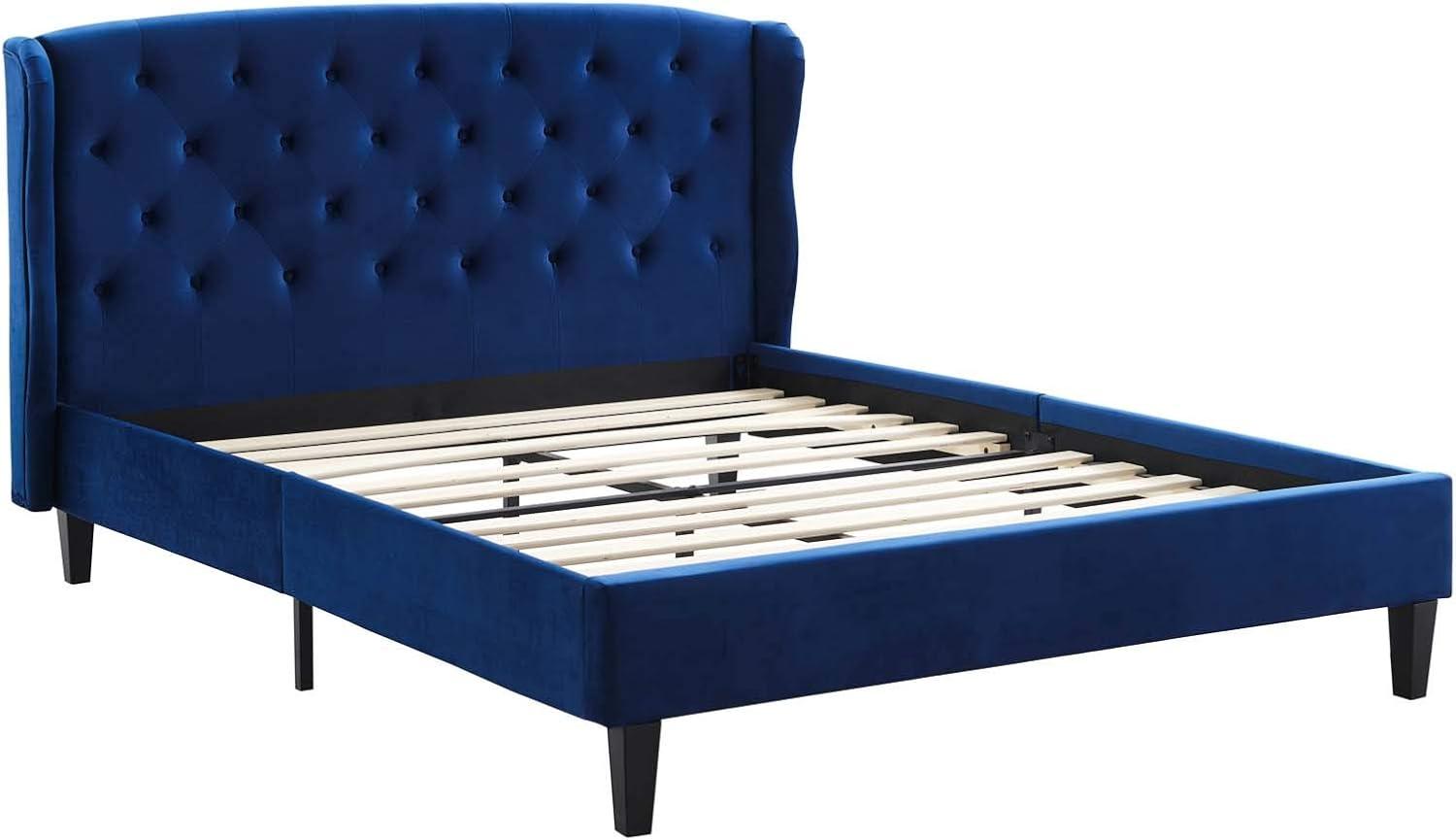 Navy Velvet Tufted Upholstered Queen Bed with Wood Frame