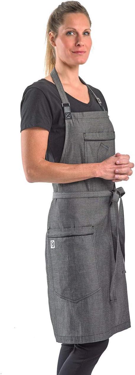 Mercer Culinary Metro Edge Renegade Bib Server Apron, Black Denim with Brown Leather Straps