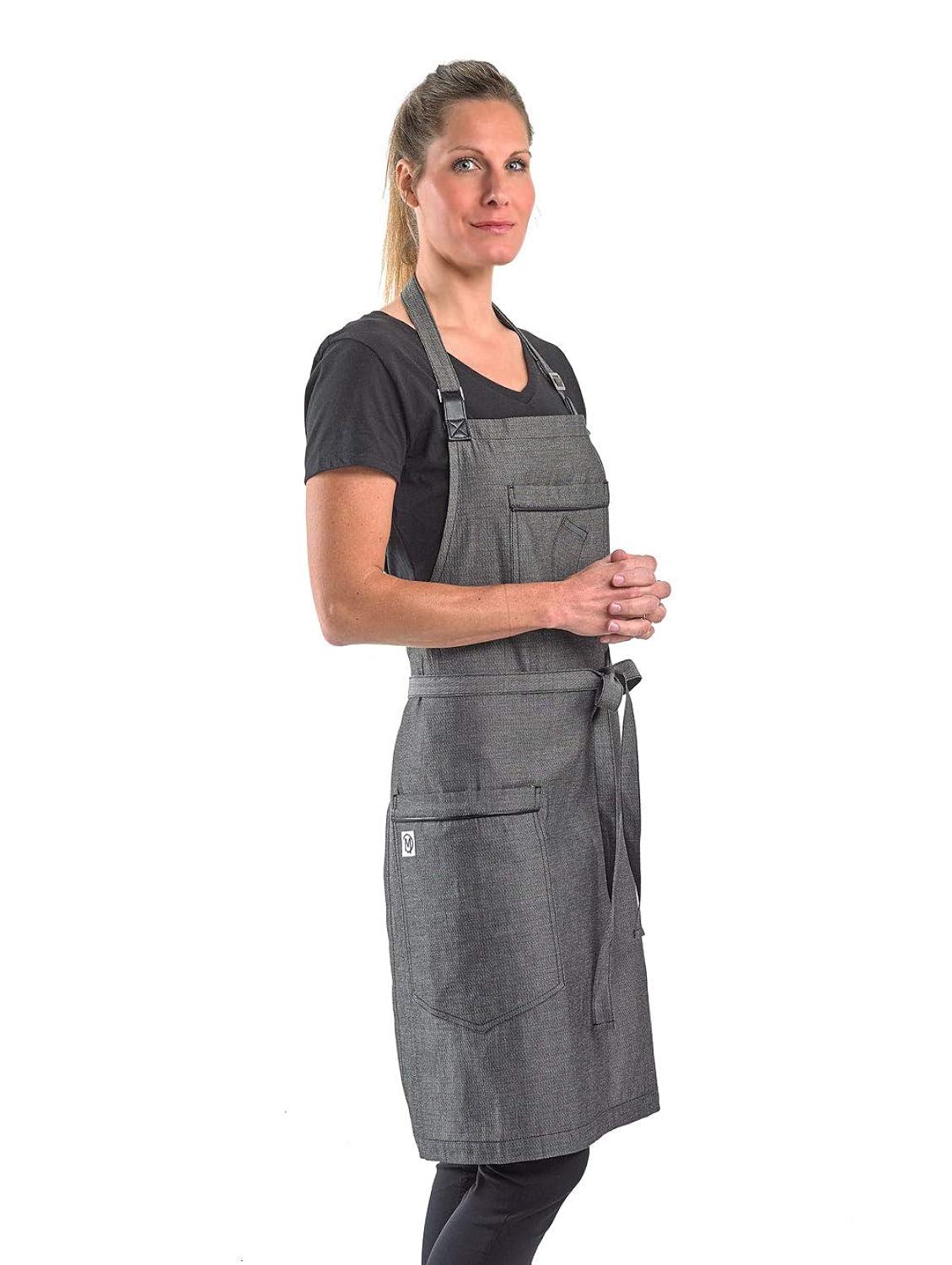 Mercer Culinary Metro Edge Renegade Bib Server Apron, Black Denim with Brown Leather Straps