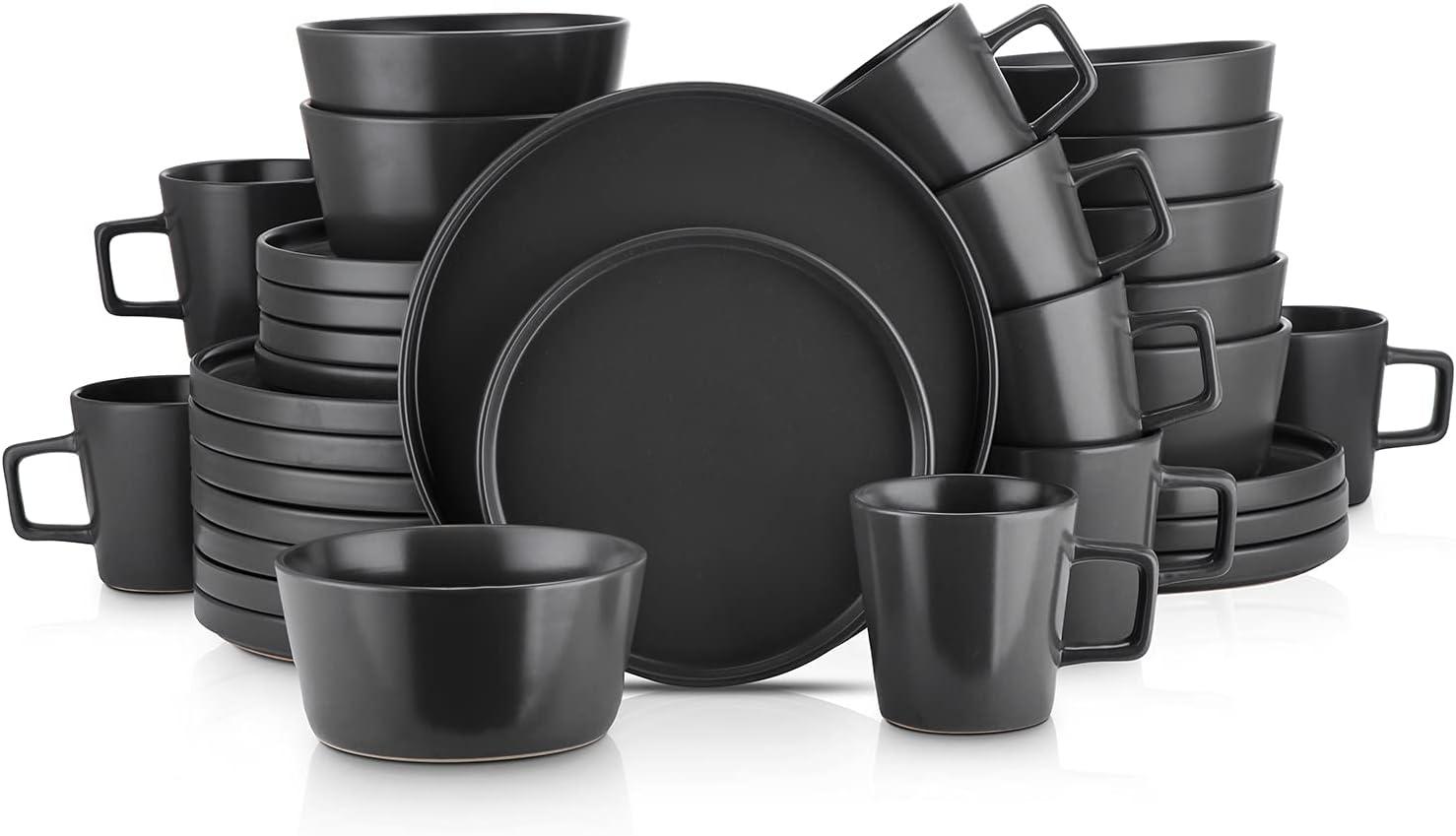 Black Matte Ceramic Round Dinnerware Set, Service for 8