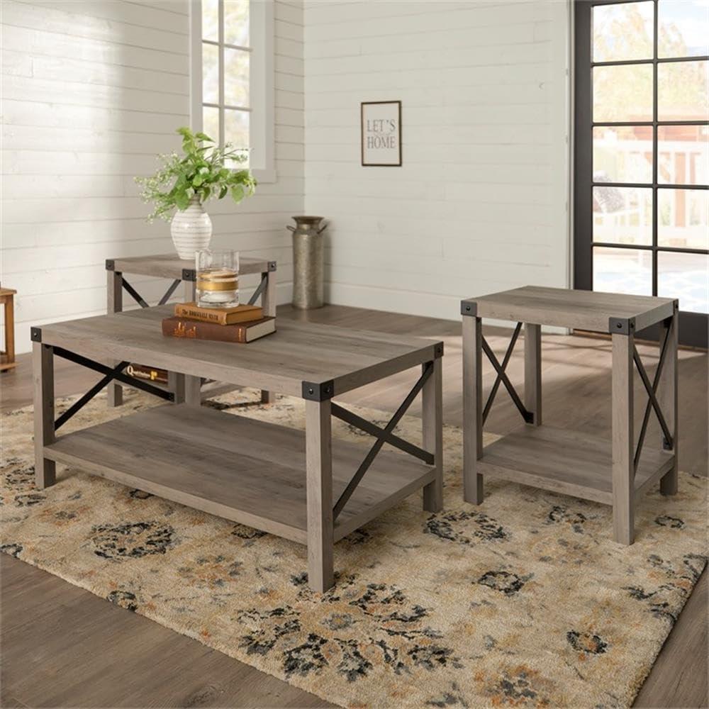Home Square 4 Piece Set with TV Stand, Coffee Table and 2 End Tables in Oak