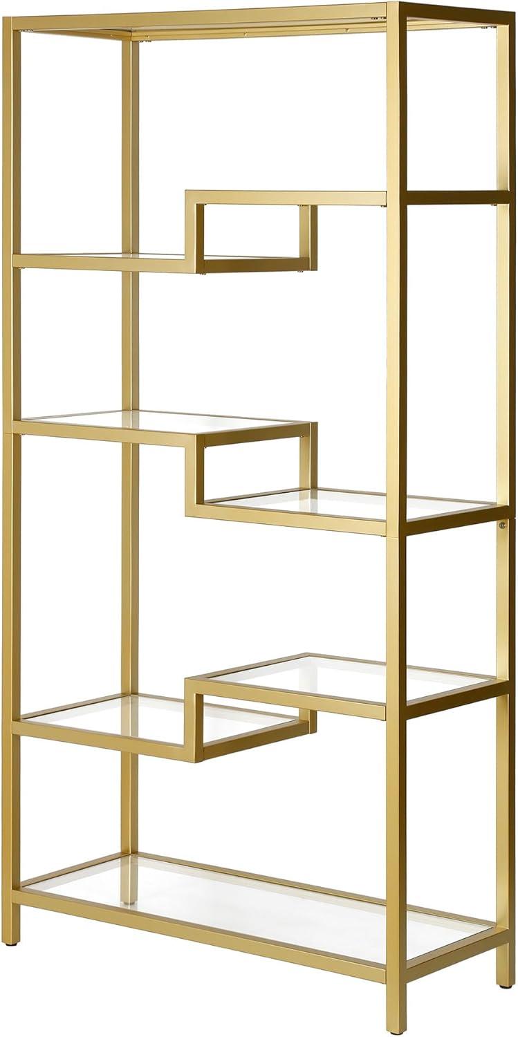 Contemporary 68'' Brass Metal and Tempered Glass 4-Tier Bookcase