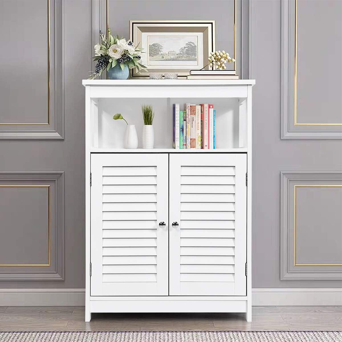 VASAGLE Bathroom Floor Cabinet, Bathroom Storage Cabinet, Freestanding, with Double Shutter Doors and Adjustable Shelf, White
