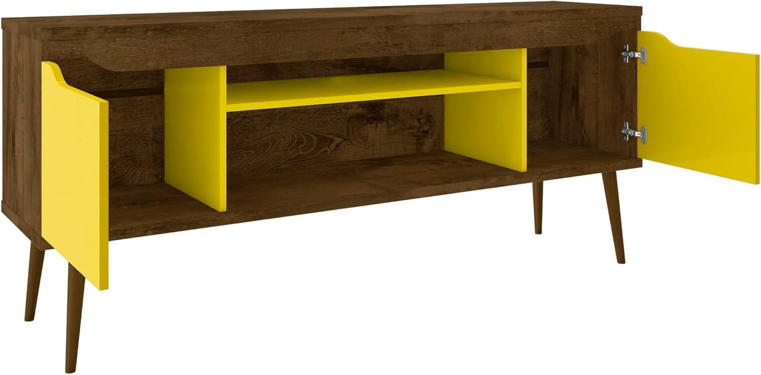 Manhattan Comfort Bradley TV Stand for TVs up to 60" Rustic Brown/Yellow: Mid-Century Modern Media Console with Open Shelves