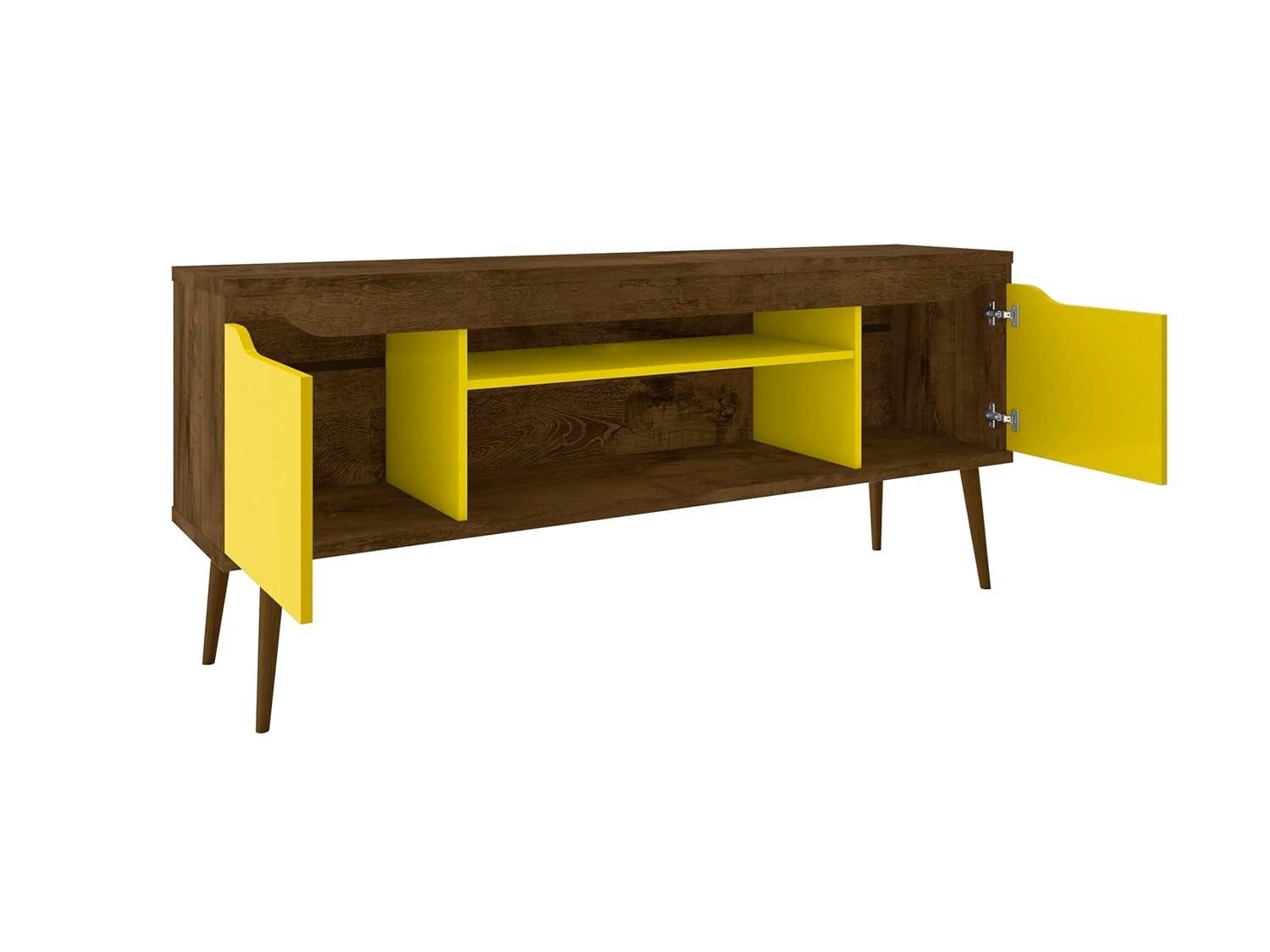 Manhattan Comfort Bradley TV Stand for TVs up to 60" Rustic Brown/Yellow: Mid-Century Modern Media Console with Open Shelves