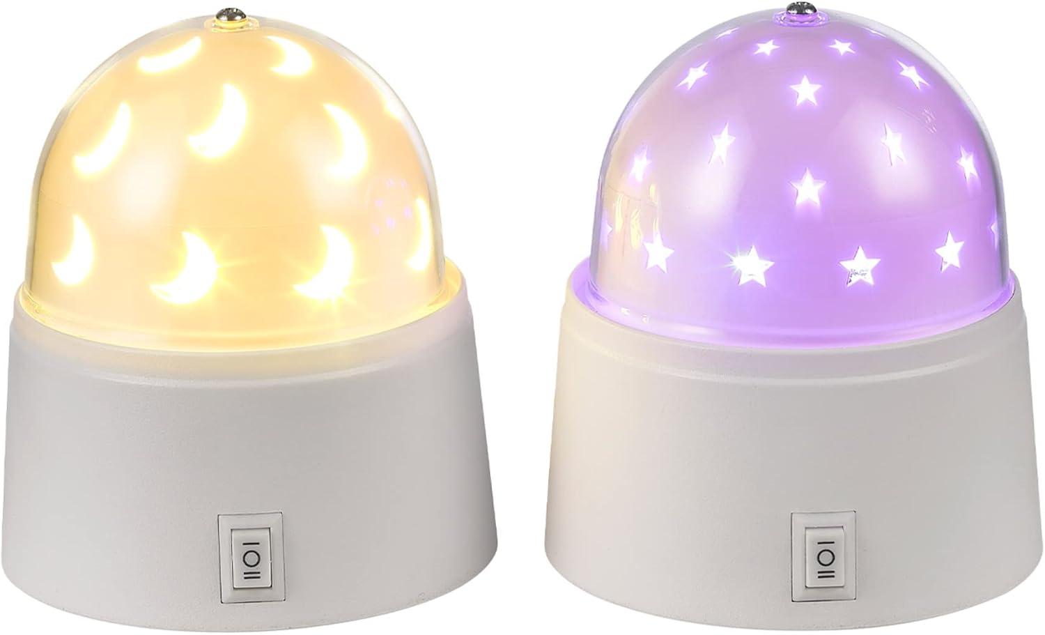 Globe Electric 13767 Rotating Projector Star and Moon LED Integrated Night Lights 2-Pack, 1x Star, 1x Moon, Battery Operated, 30 Min Timer, On/of Button, White Finish