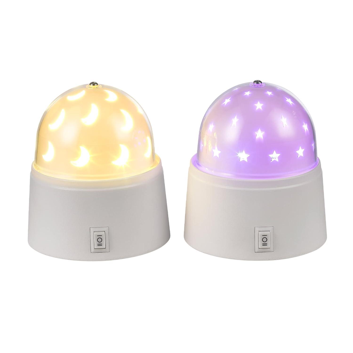 Globe Electric 13767 Rotating Projector Star and Moon LED Integrated Night Lights 2-Pack, 1x Star, 1x Moon, Battery Operated, 30 Min Timer, On/of Button, White Finish