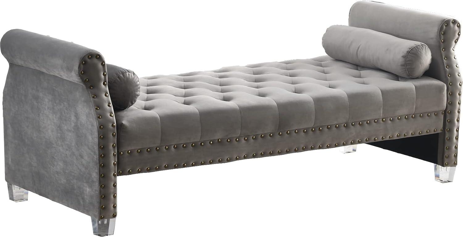 Stefania 71-inch Rolled Arm Oversized Velvet Tufted Upholstered Bench Standard Benches Grey Velvet, Acrylic Mid-Century Modern