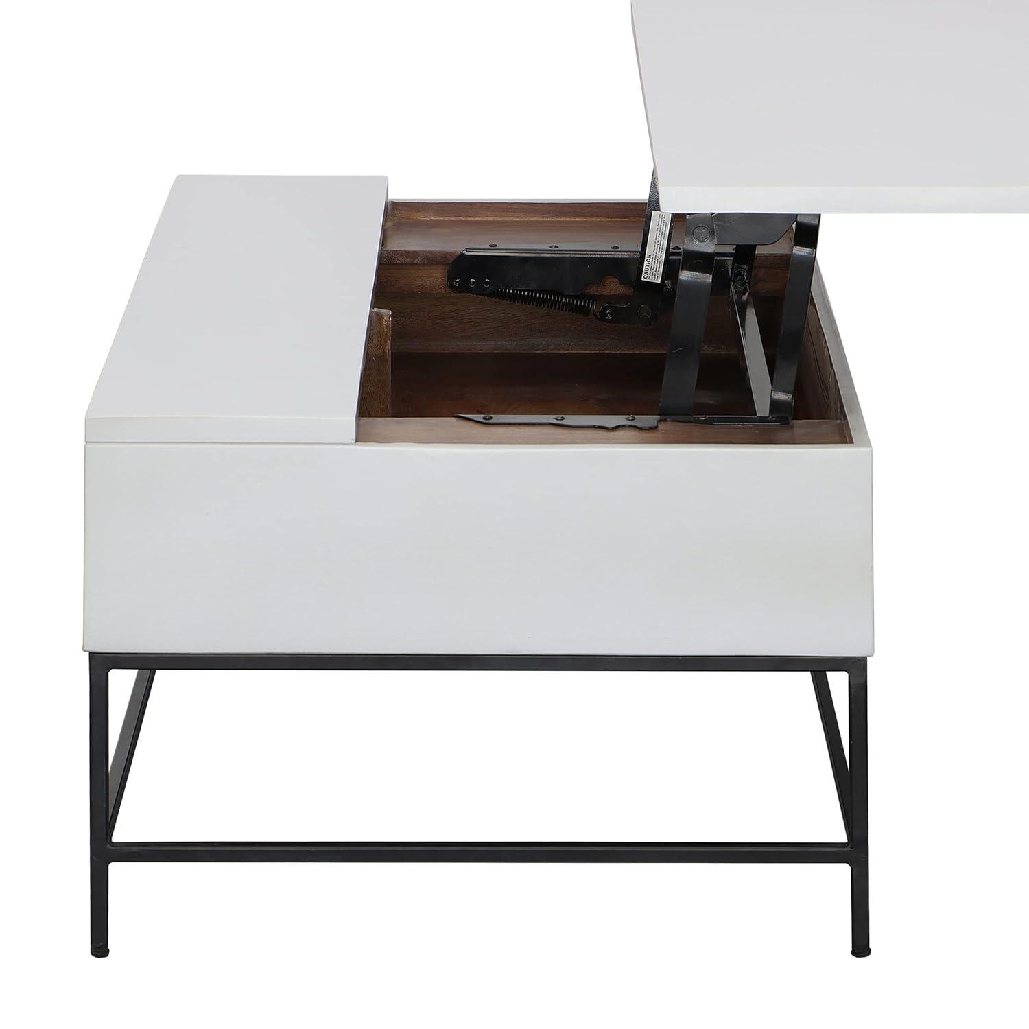 45 Inch Rectangular Mango Wood Coffee Table, Lift Top Storage, Iron Frame, White, Black 71911