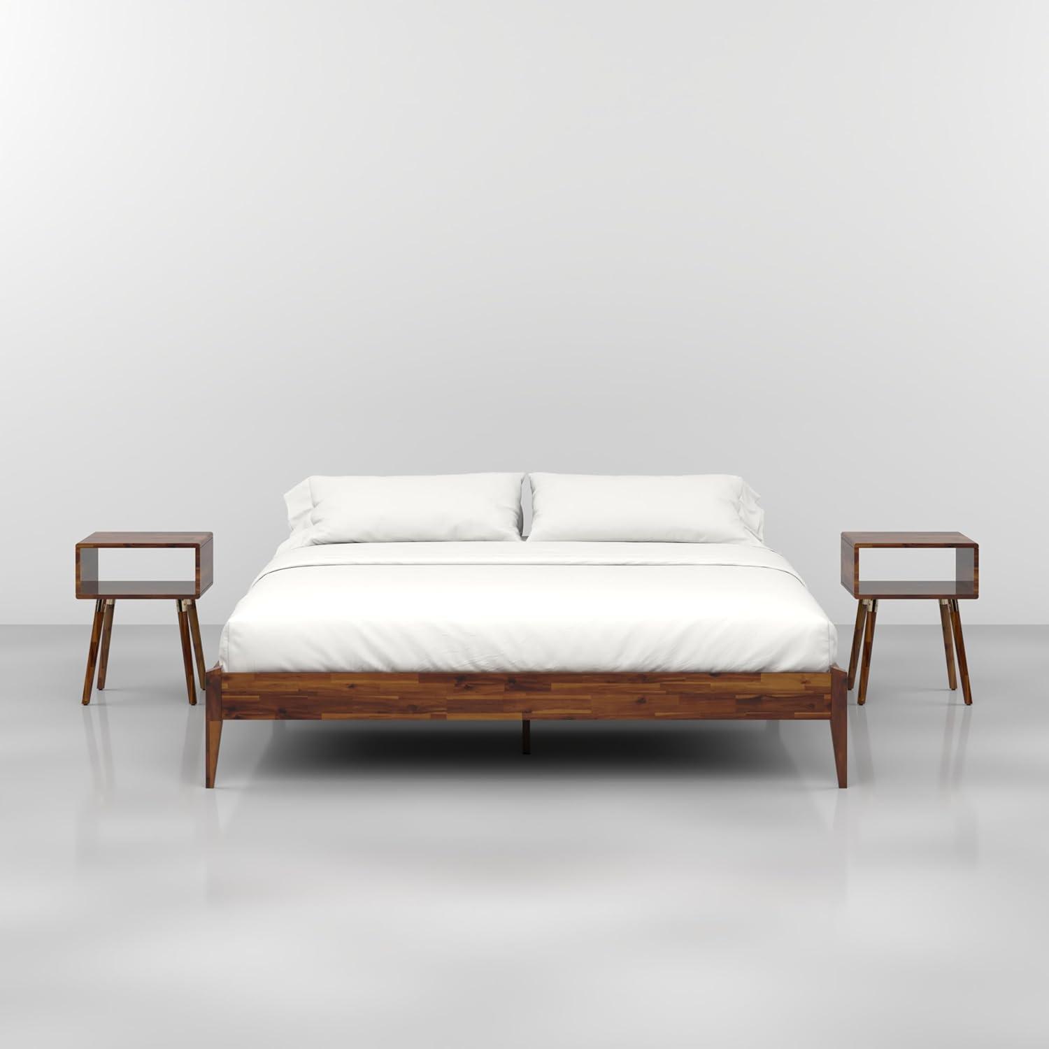 King Size Polished Pine Wood Platform Bed Frame with Headboard