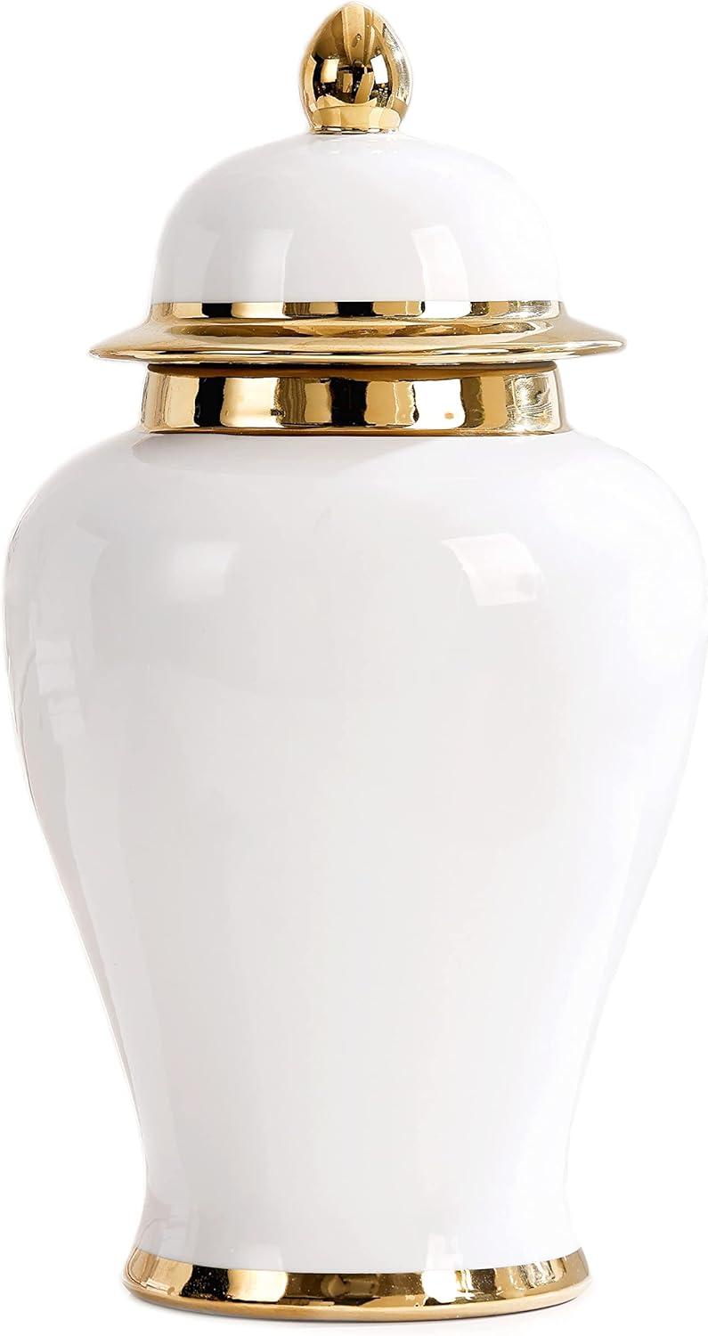 White and Gold Ceramic Ginger Jar Vase, 15"