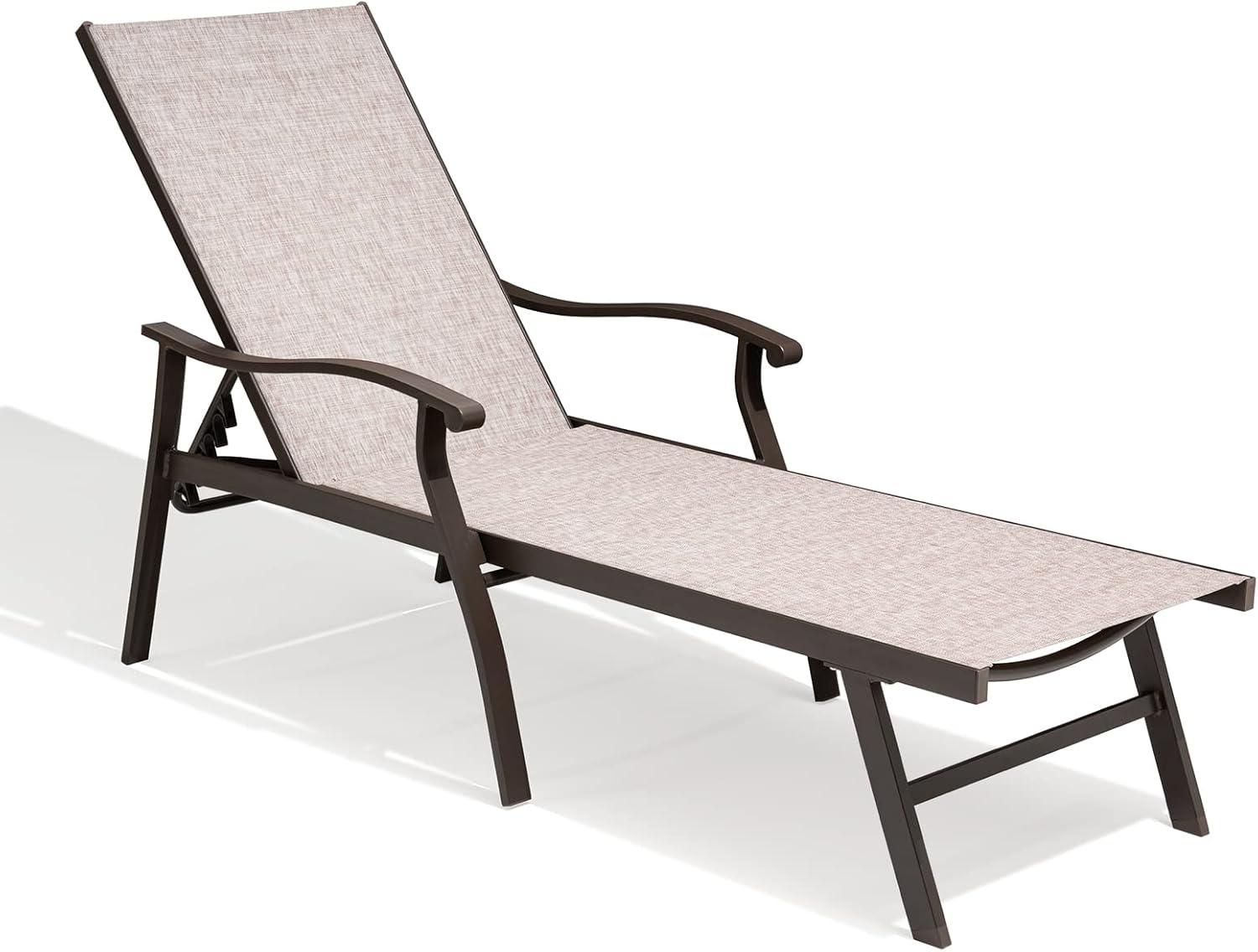 Beige Aluminum Outdoor Chaise Lounge with Armrests, Set of 2