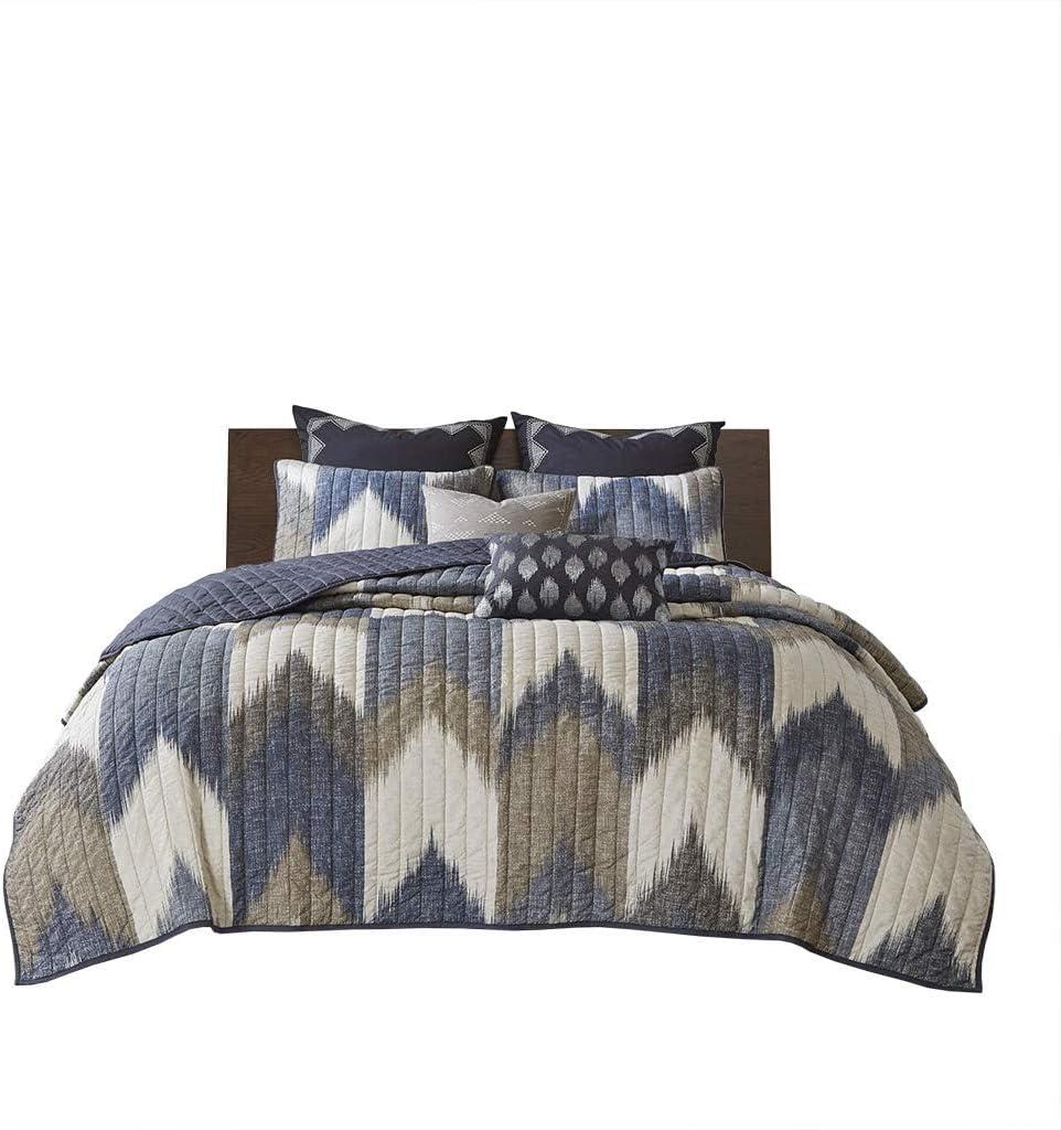 Navy Ikat Print Reversible Cotton Full Quilt Set