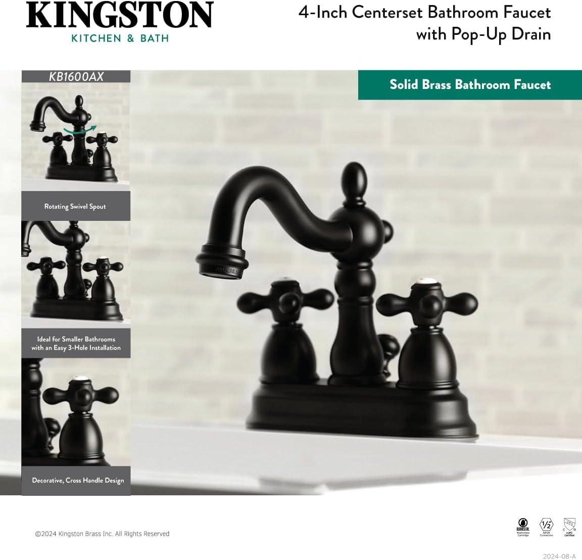 Kingston Brass Heritage Two-Handle 3-Hole Deck Mount 4" Centerset Bathroom Faucet with Plastic Pop-Up